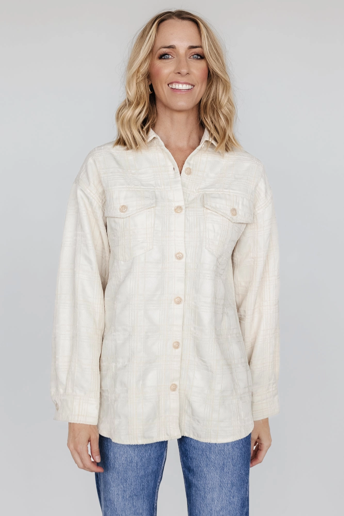 Joanna Plaid Shacket | Cream   Natural Tear Resistant Knit