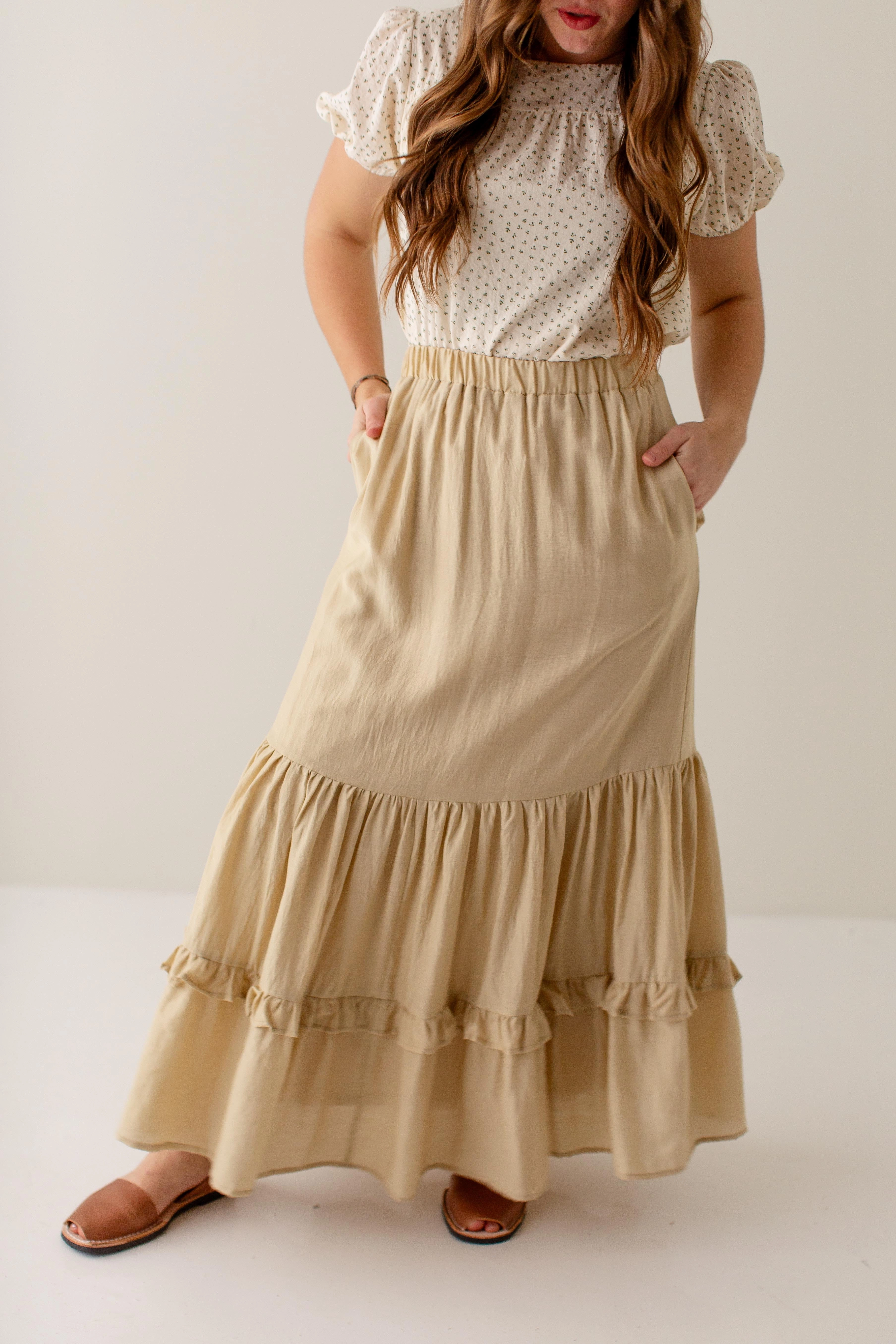 'Alyce' Ruffle Detail Maxi Skirt in Beige FINAL SALE Leg Elongating
