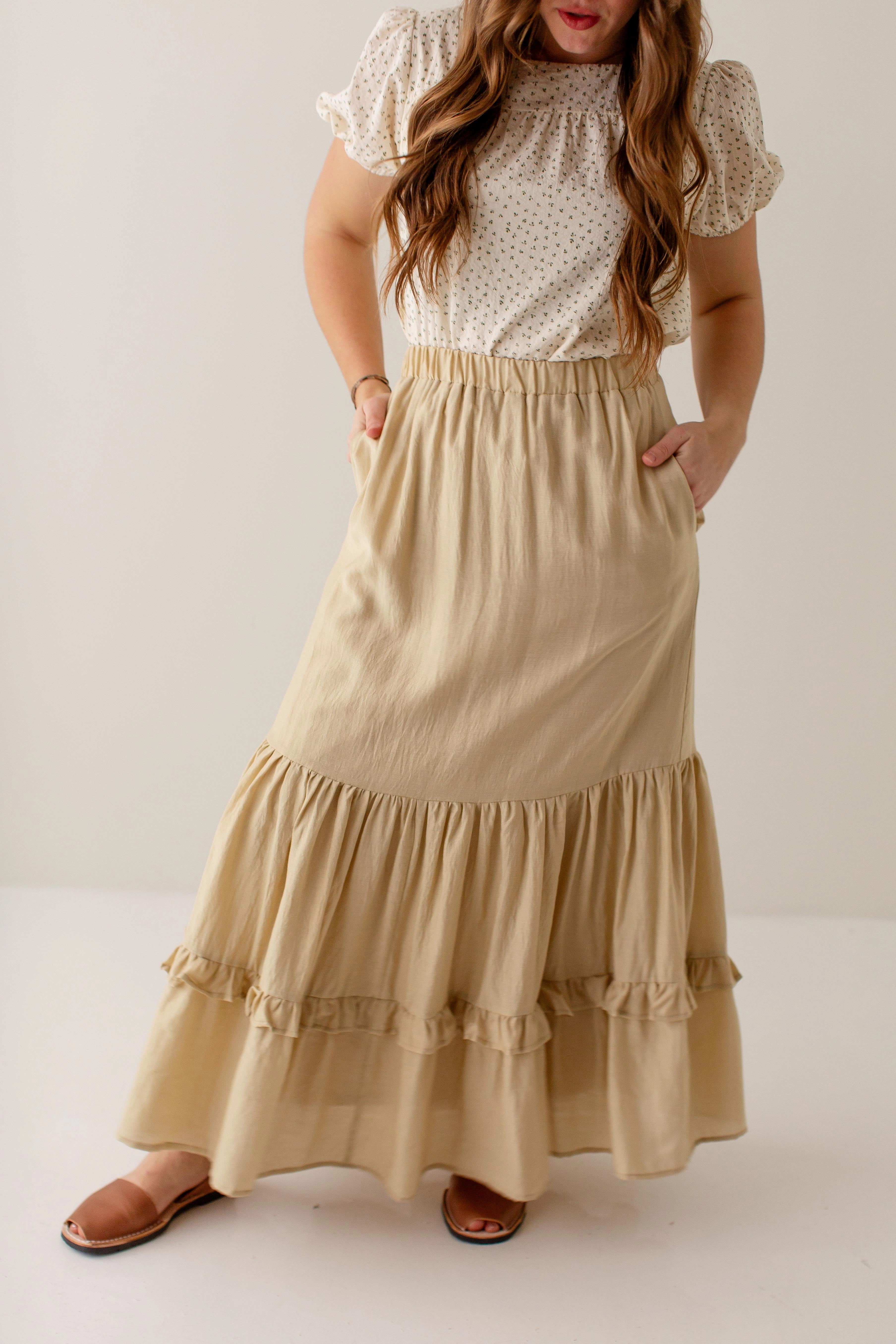 'Alyce' Ruffle Detail Maxi Skirt in Beige FINAL SALE Durable Hem Urban Pulse