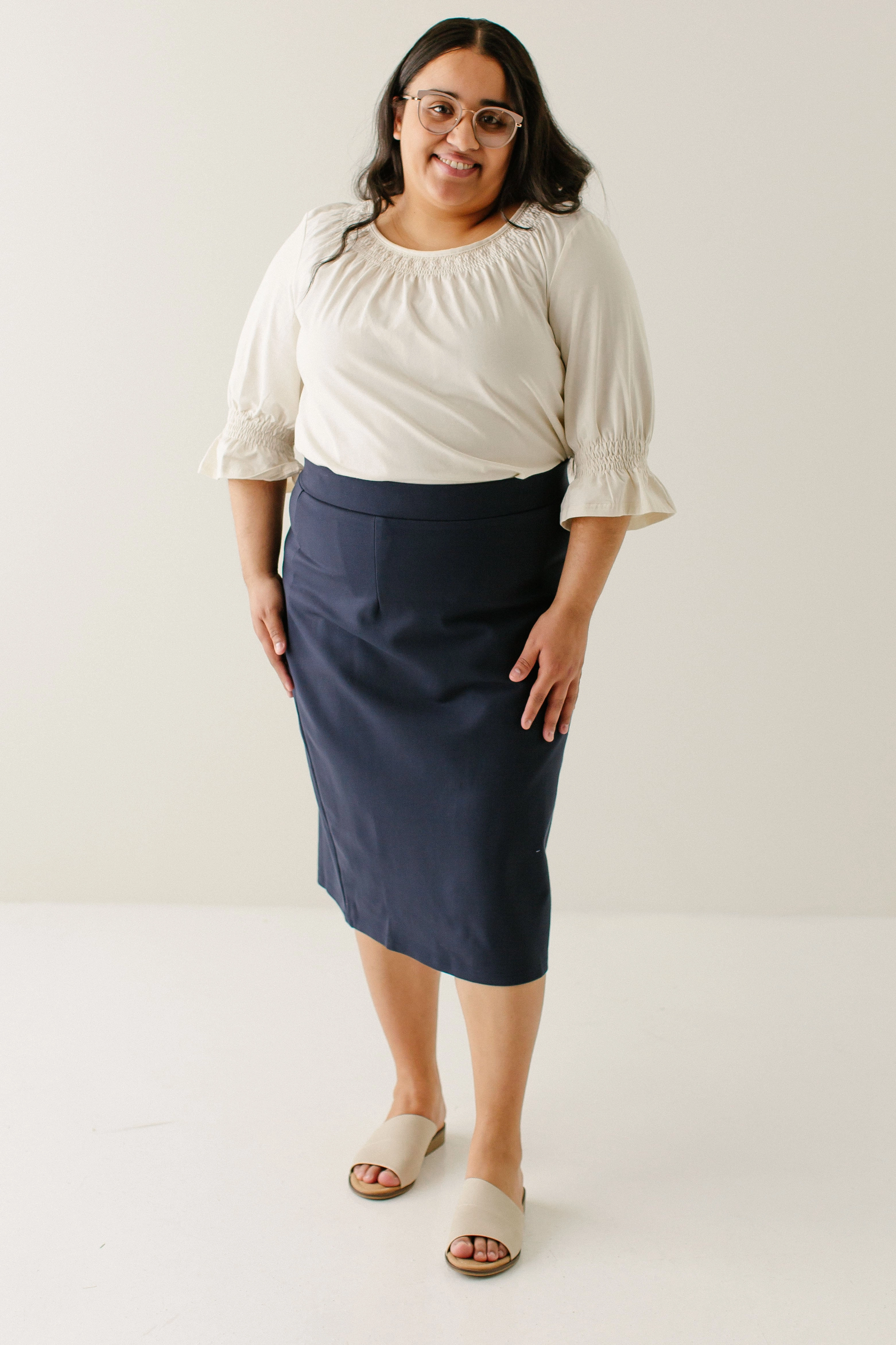 'Anna' Pencil Skirt in Navy Ventilated Panels Refined Finish