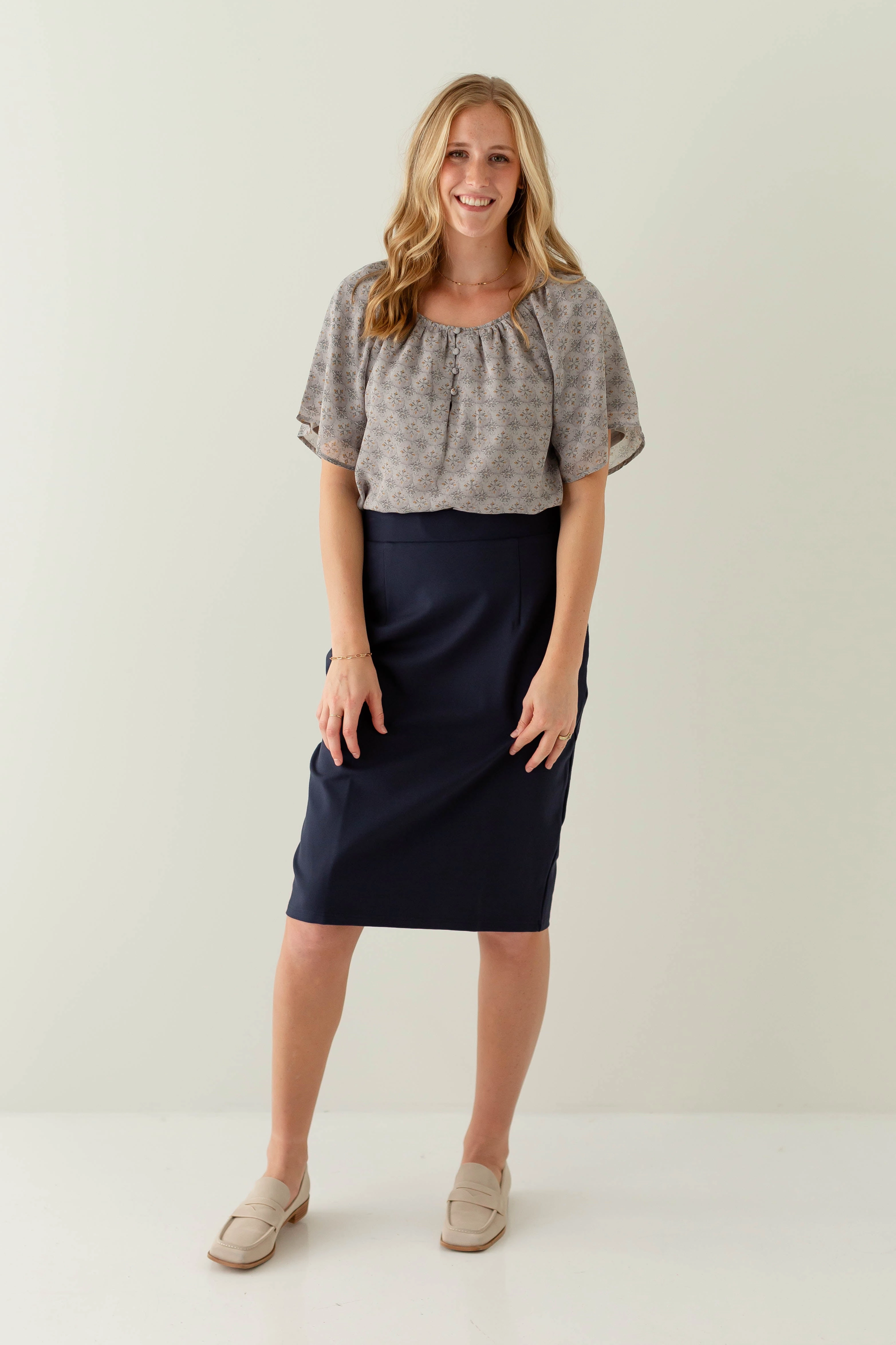 'Anna' Pencil Skirt in Navy Double Stitched