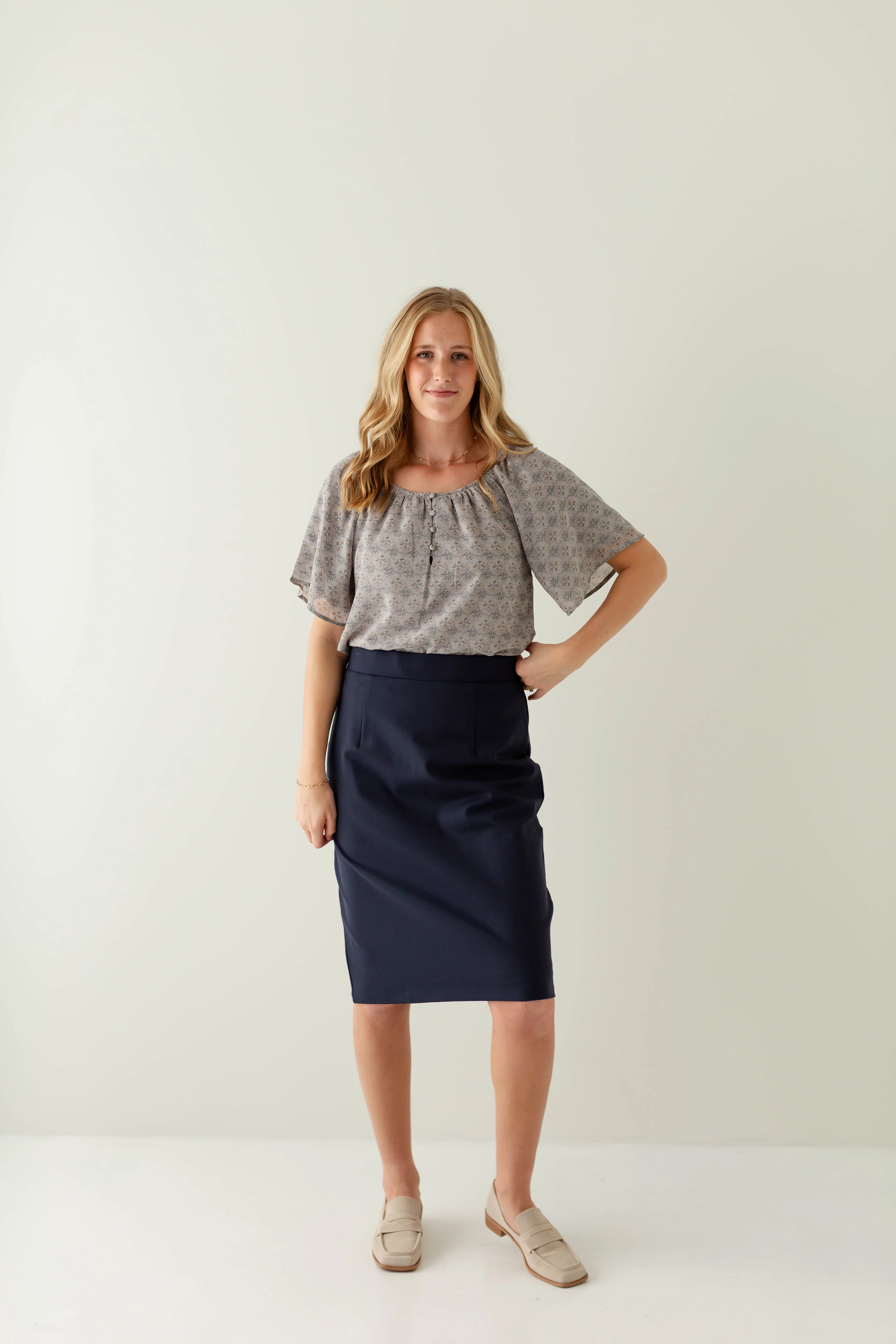 'Anna' Pencil Skirt in Navy Wardrobe Hero high contrast
