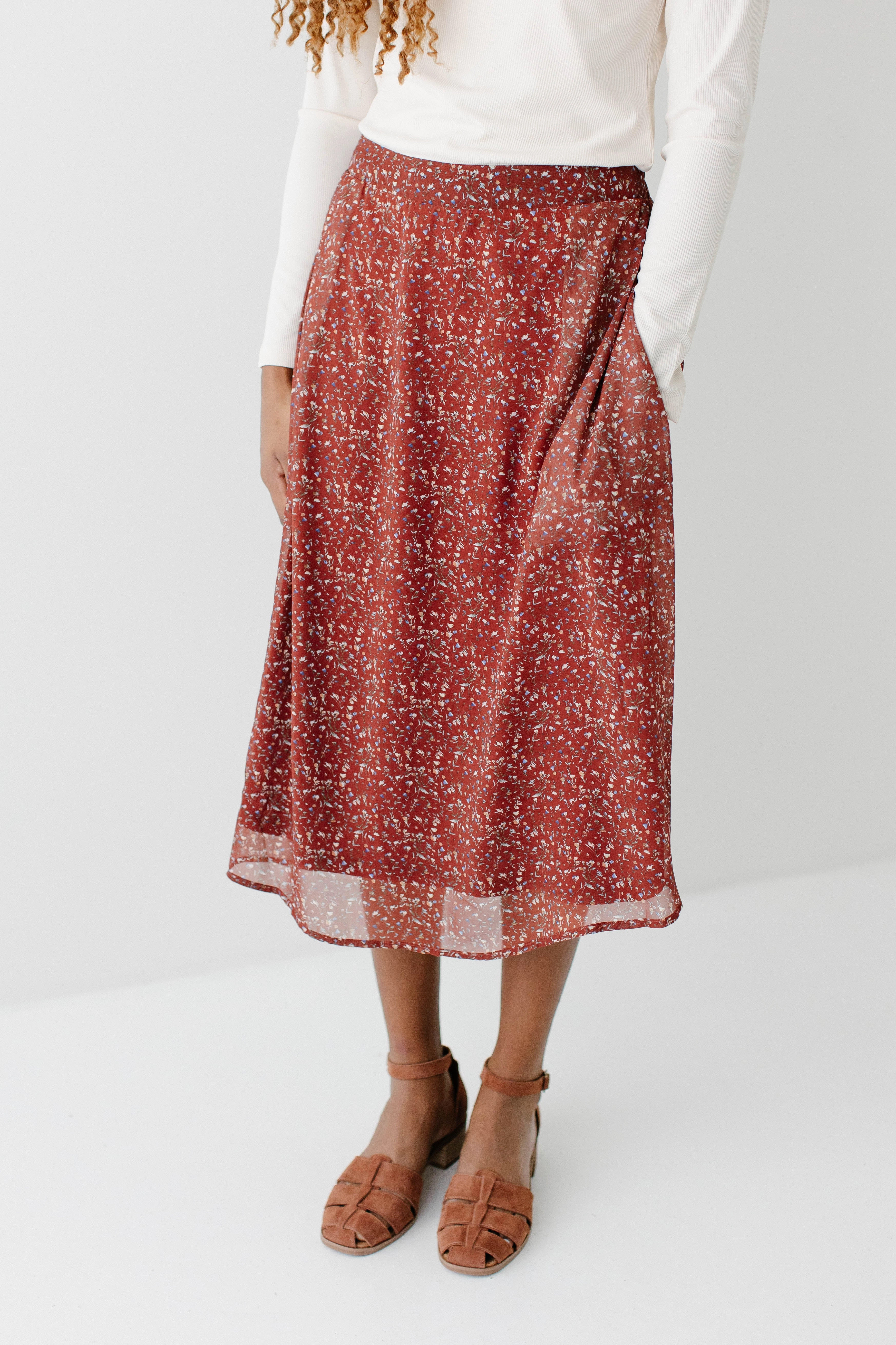 'Annette' Chiffon Ditsy Floral Midi Skirt Elastic hem Fashion Pulse