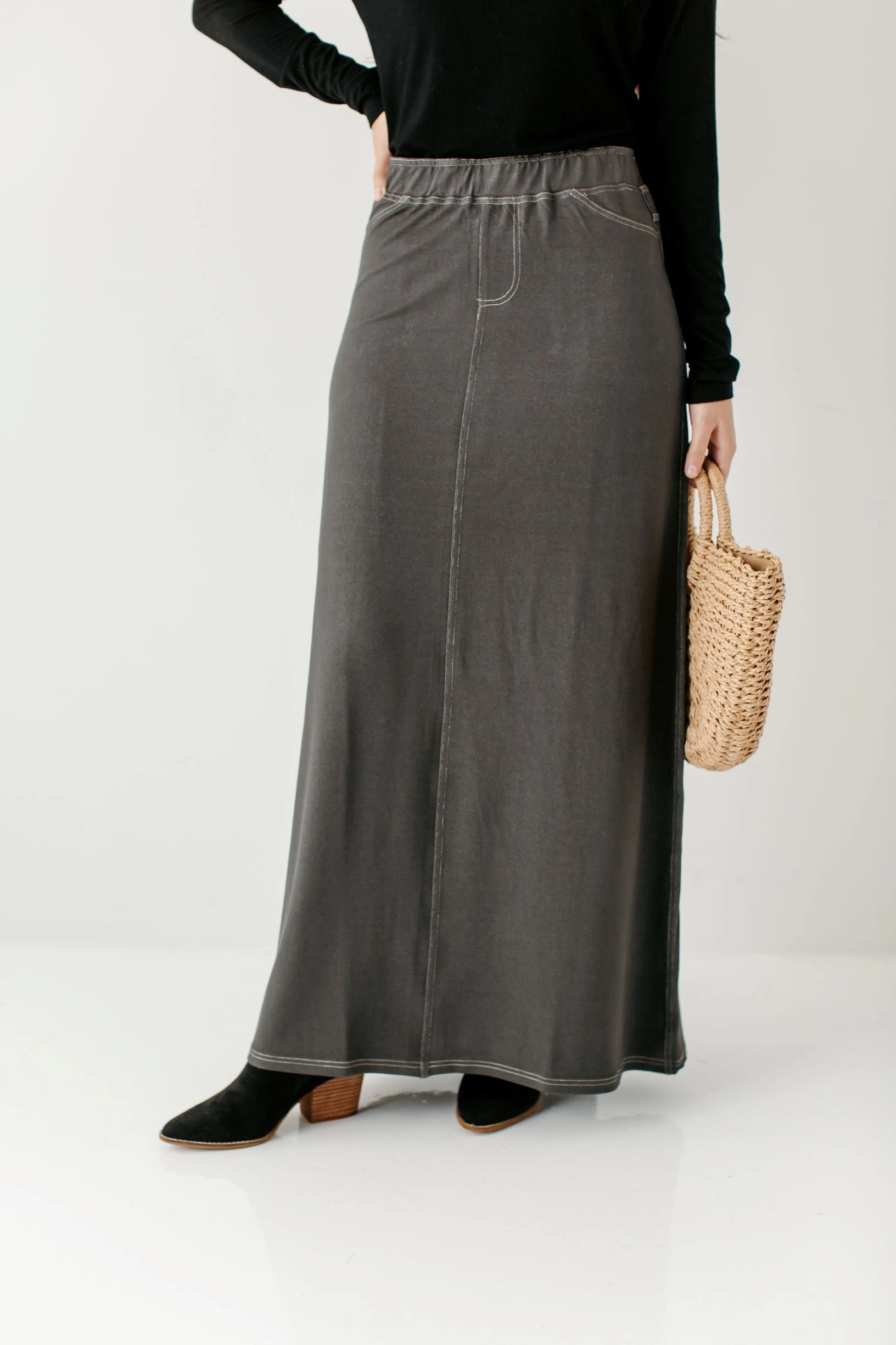 'Caroline' Long Knit Denim Skirt in Dark Gray FINAL SALE Simple Motion Foldable Packability