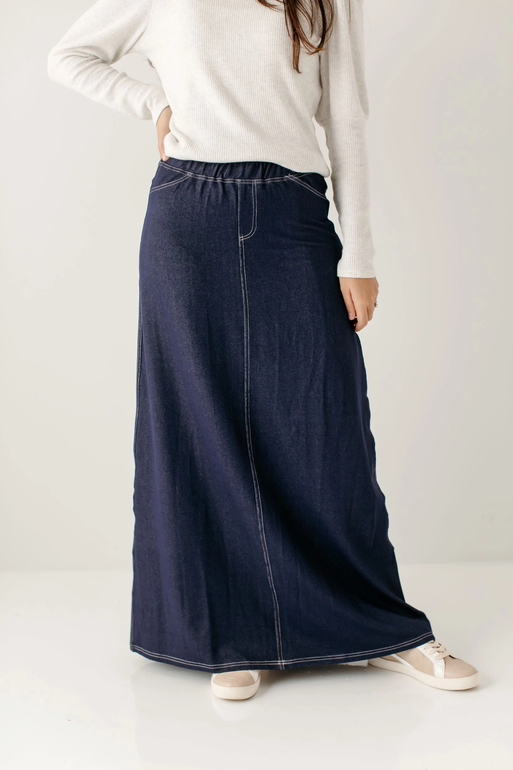 'Caroline' Long Knit Denim Skirt Fold Over Detail