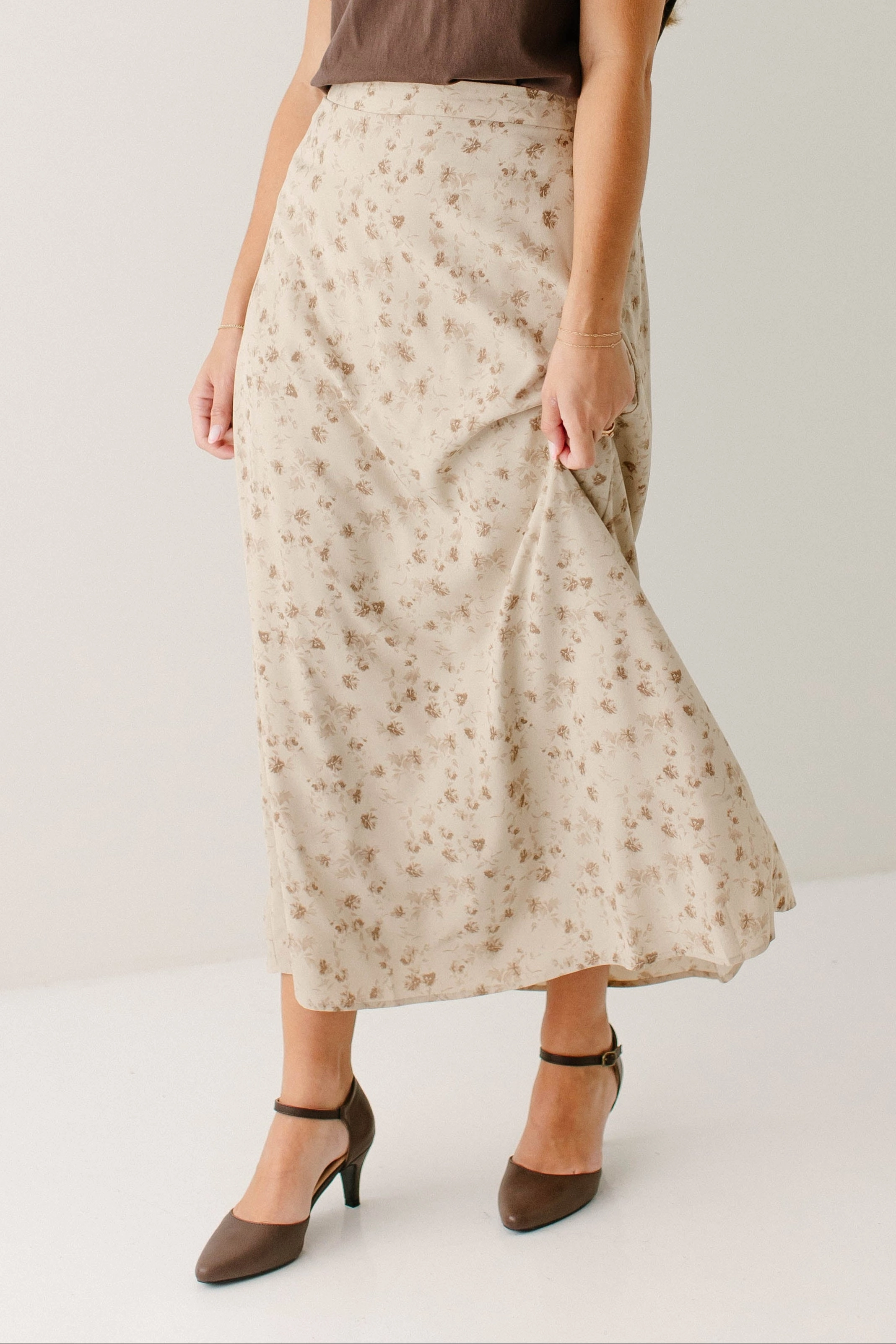Draped Design 'Damaris' Floral Print A-Line Midi Skirt in Beige