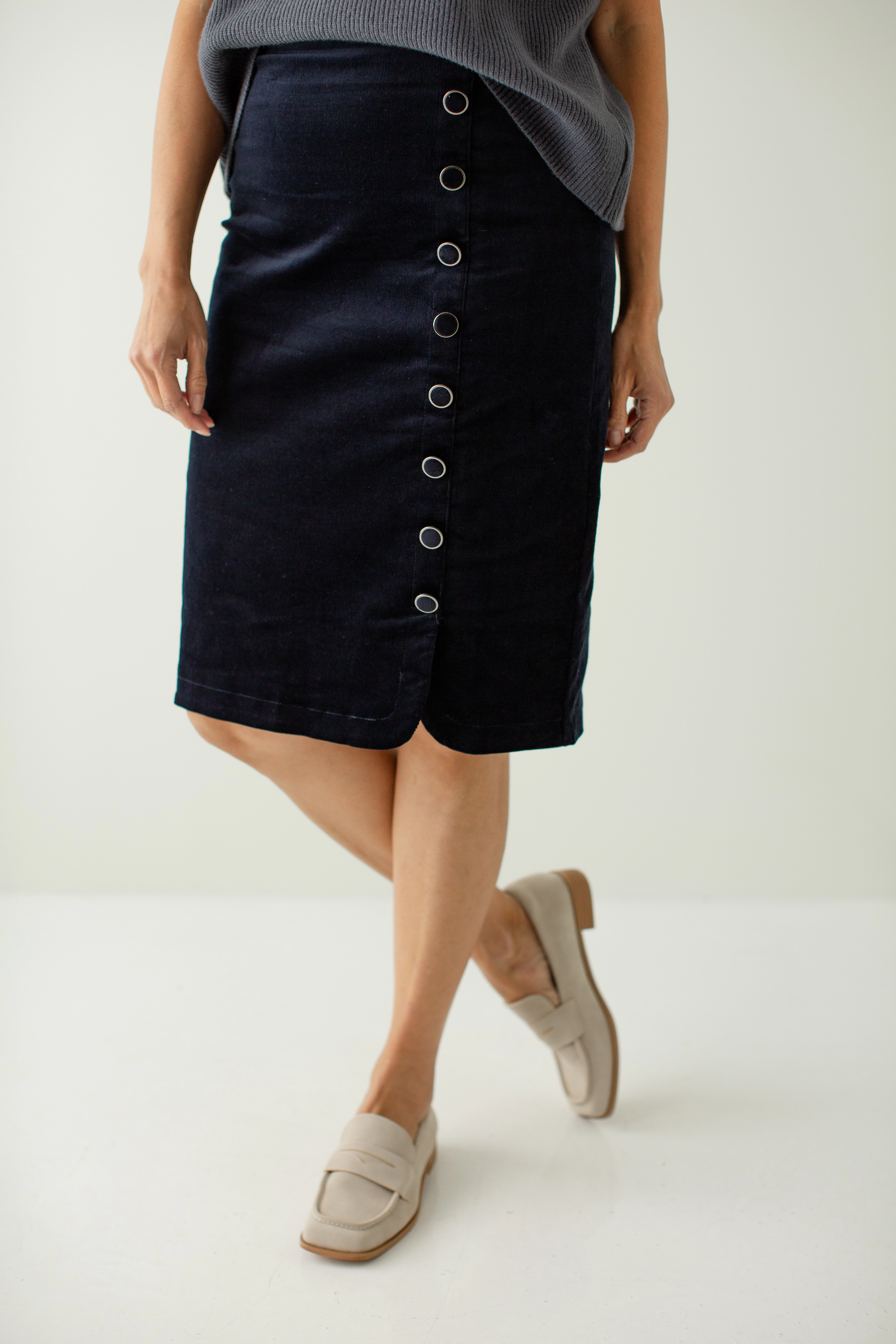 'Diana' Side Button Corduroy Skirt in Navy FINAL SALE Weekend Fashion Mood Outfit