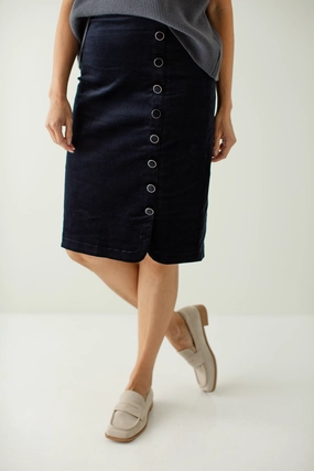 'Diana' Side Button Corduroy Skirt in Navy FINAL SALE Functional Detail casual finish