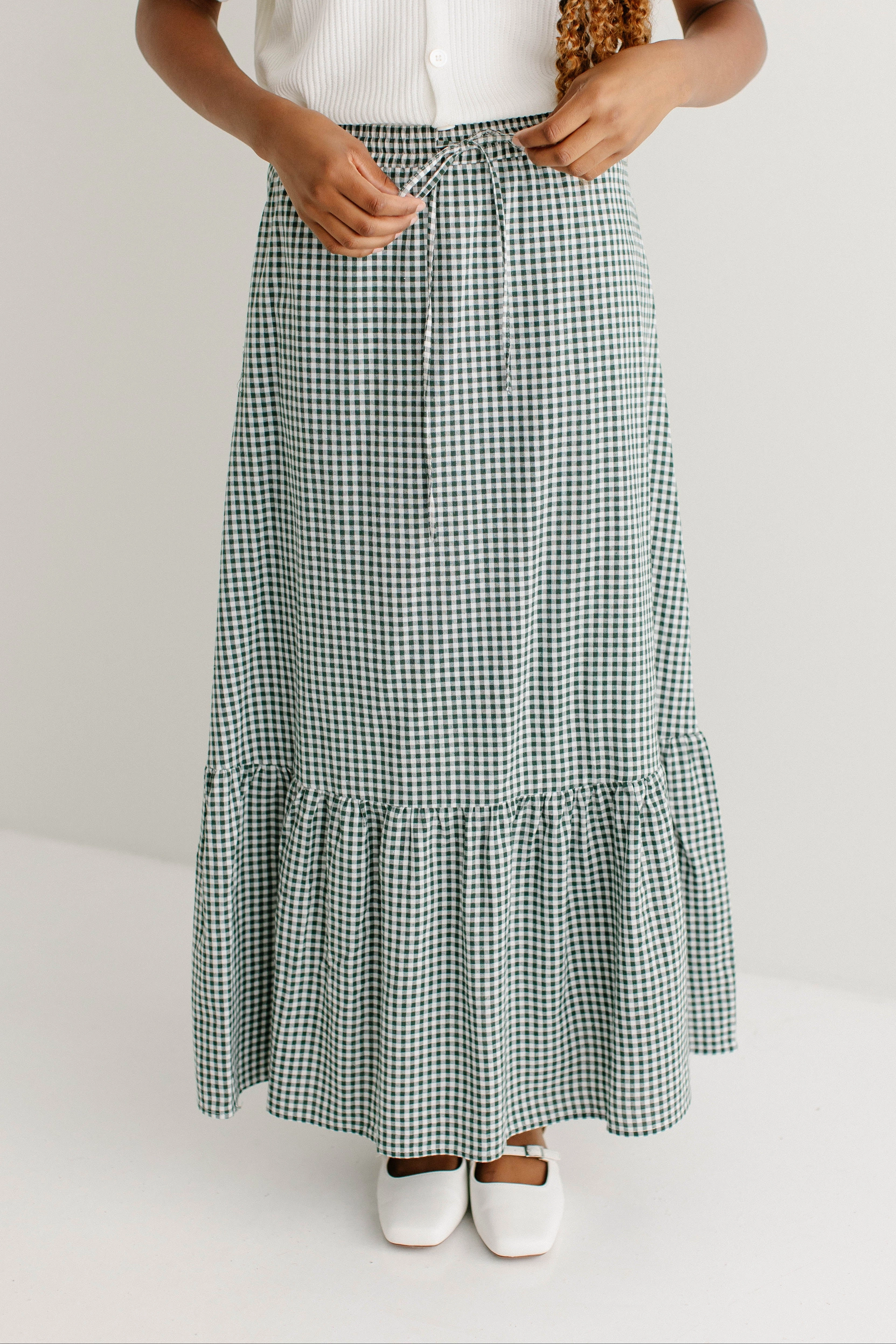 'Giselle' Cotton Gingham Ruffle Hem Maxi Skirt in Forest Green Simple Styling