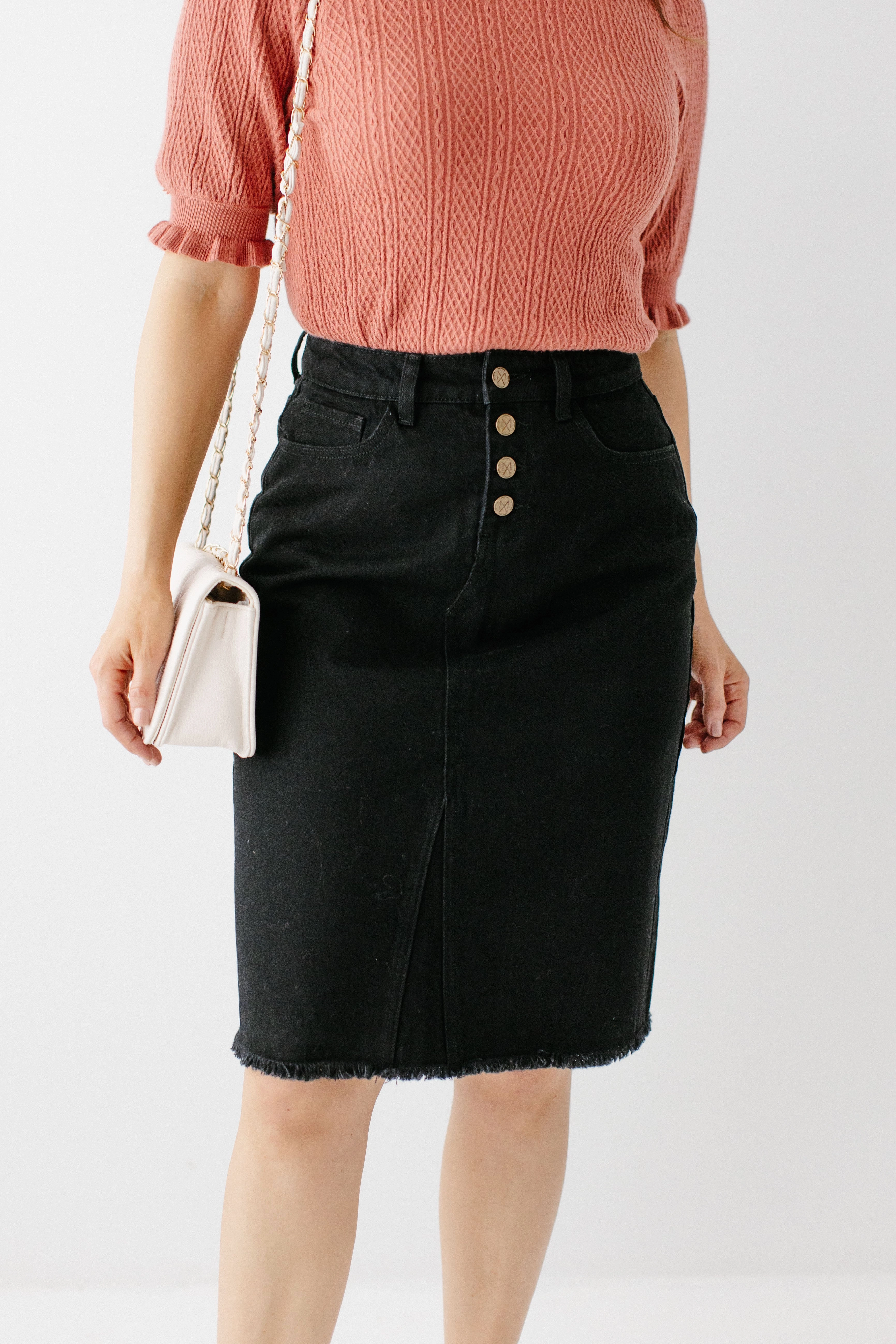 'Haven' Knee Length Denim Skirt in Black FINAL SALE Minimal Design
