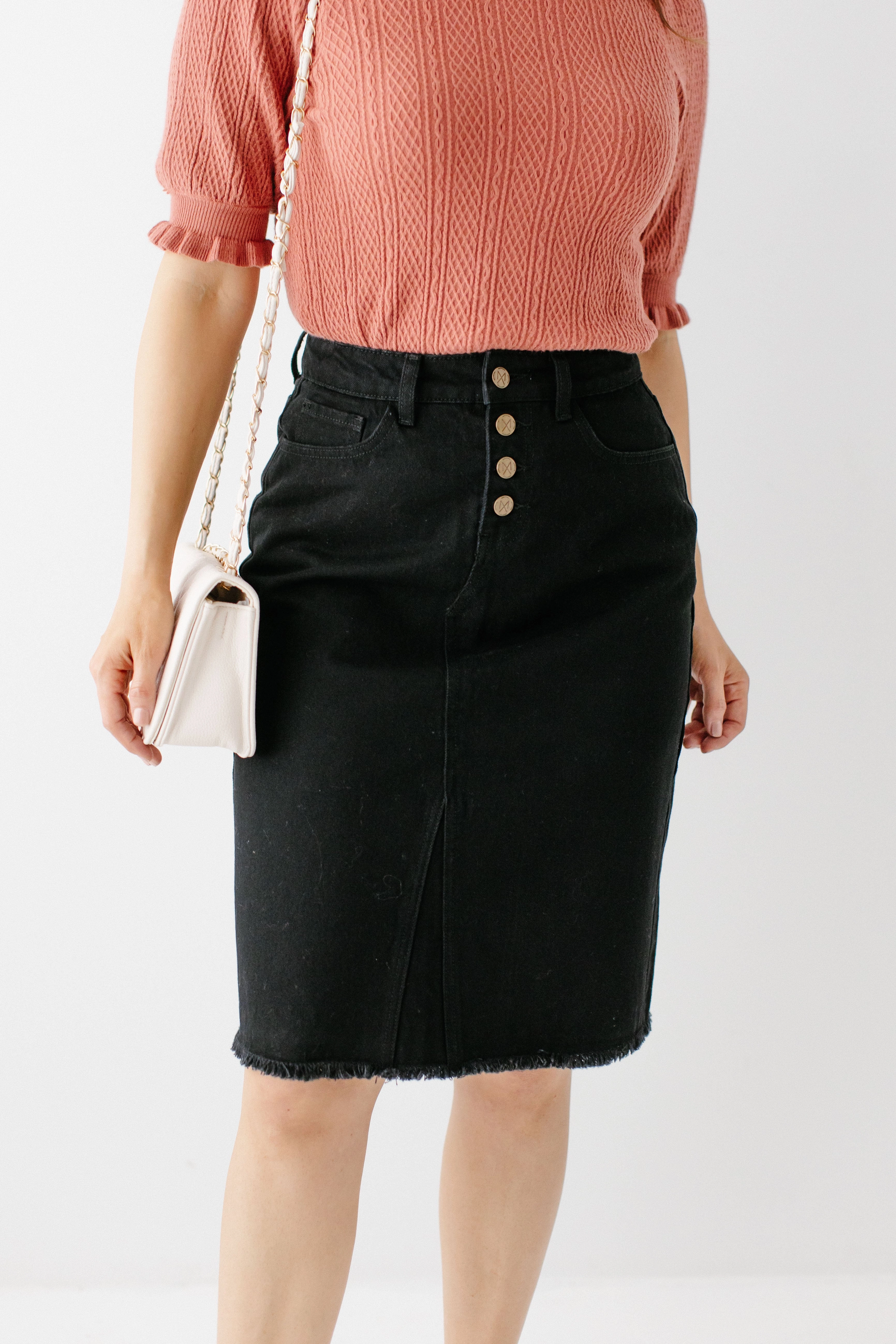 Light Outfit Simple Outfit 'Haven' Knee Length Denim Skirt in Black FINAL SALE