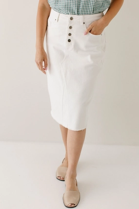 'Haven' Knee Length Stretch Denim Skirt in Ivory FINAL SALE Editorial Look