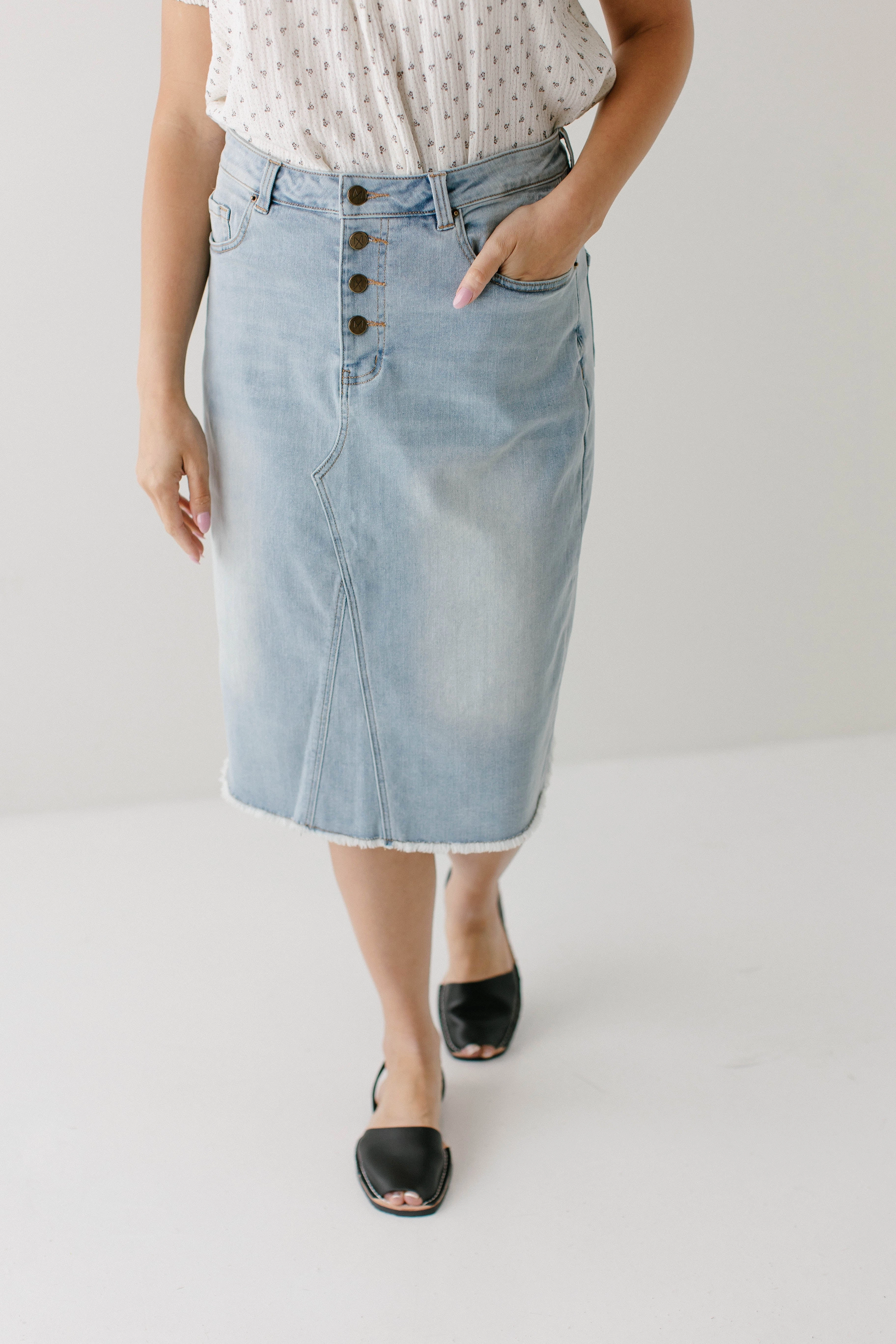 Mid Length 'Haven' Knee Length Stretch Denim Skirt in Light Wash