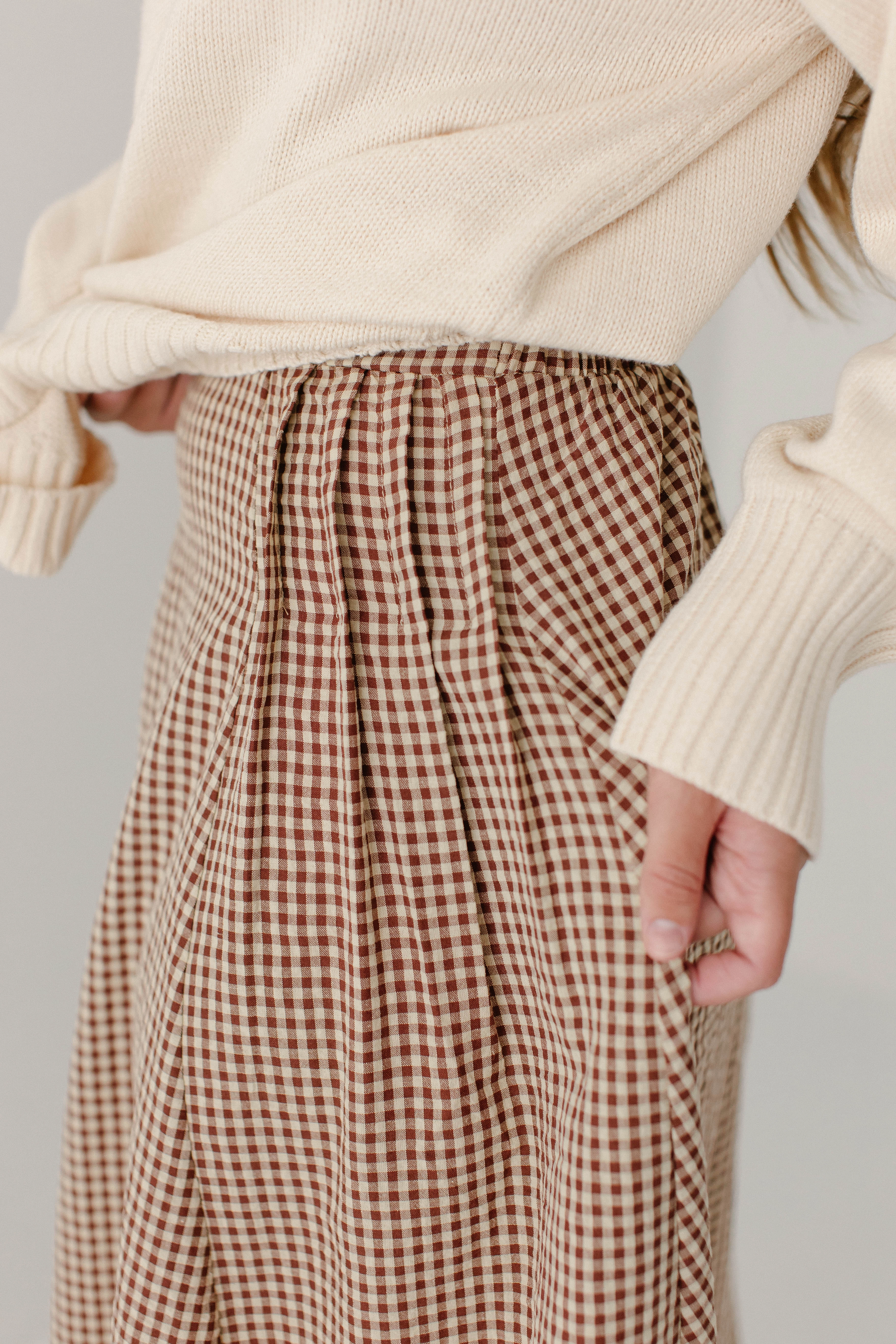 'Hosea' Rust Gingham A-Line Midi Skirt Bold Accent Smart Edge