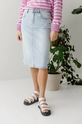 'Jamie' High Waist Denim Skirt in Light Wash FINAL SALE Media Feature Global Inspiration