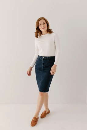 button detail Eco conscious 'Krista' Knee Length Denim Pencil Skirt in Dark Wash FINAL SALE