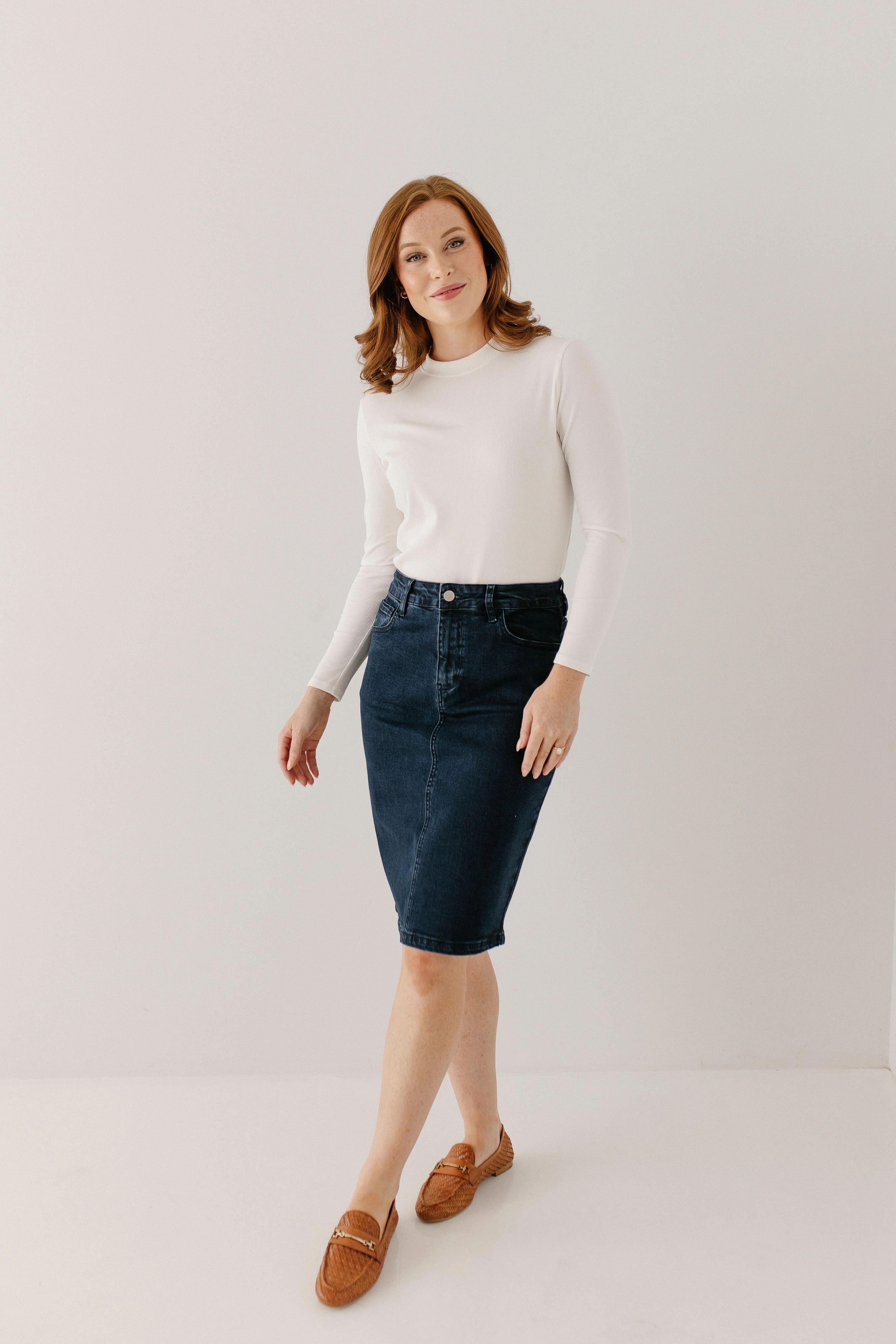 slim fit 'Krista' Knee Length Denim Pencil Skirt in Dark Wash FINAL SALE