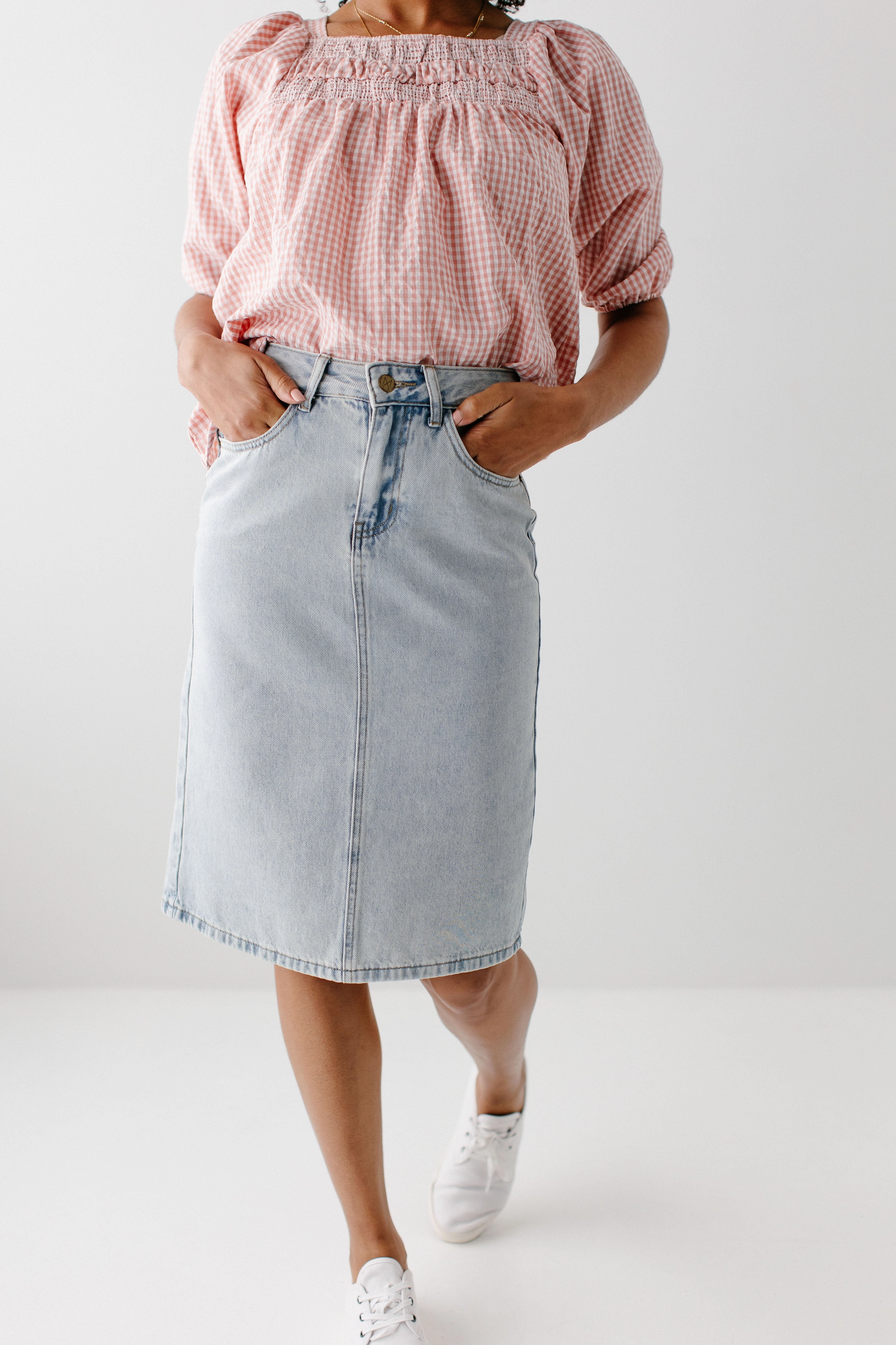 'Kyra' 100% Cotton Denim Skirt in Light Wash FINAL SALE Day Ready Lightweight Fabric