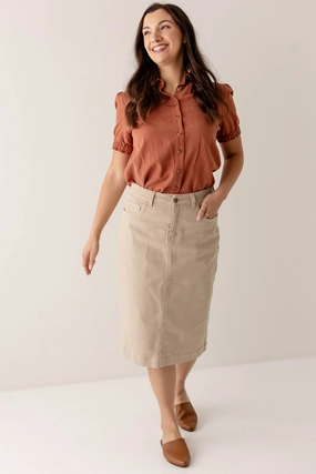 'Leah' Knee Length Stretch Denim Skirt in Khaki Layered Style Delicate Texture