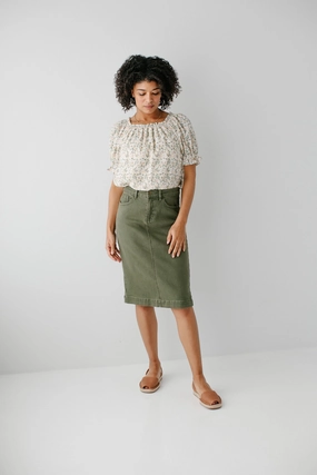 Split hem 'Leah' Stretch Denim Skirt in Olive