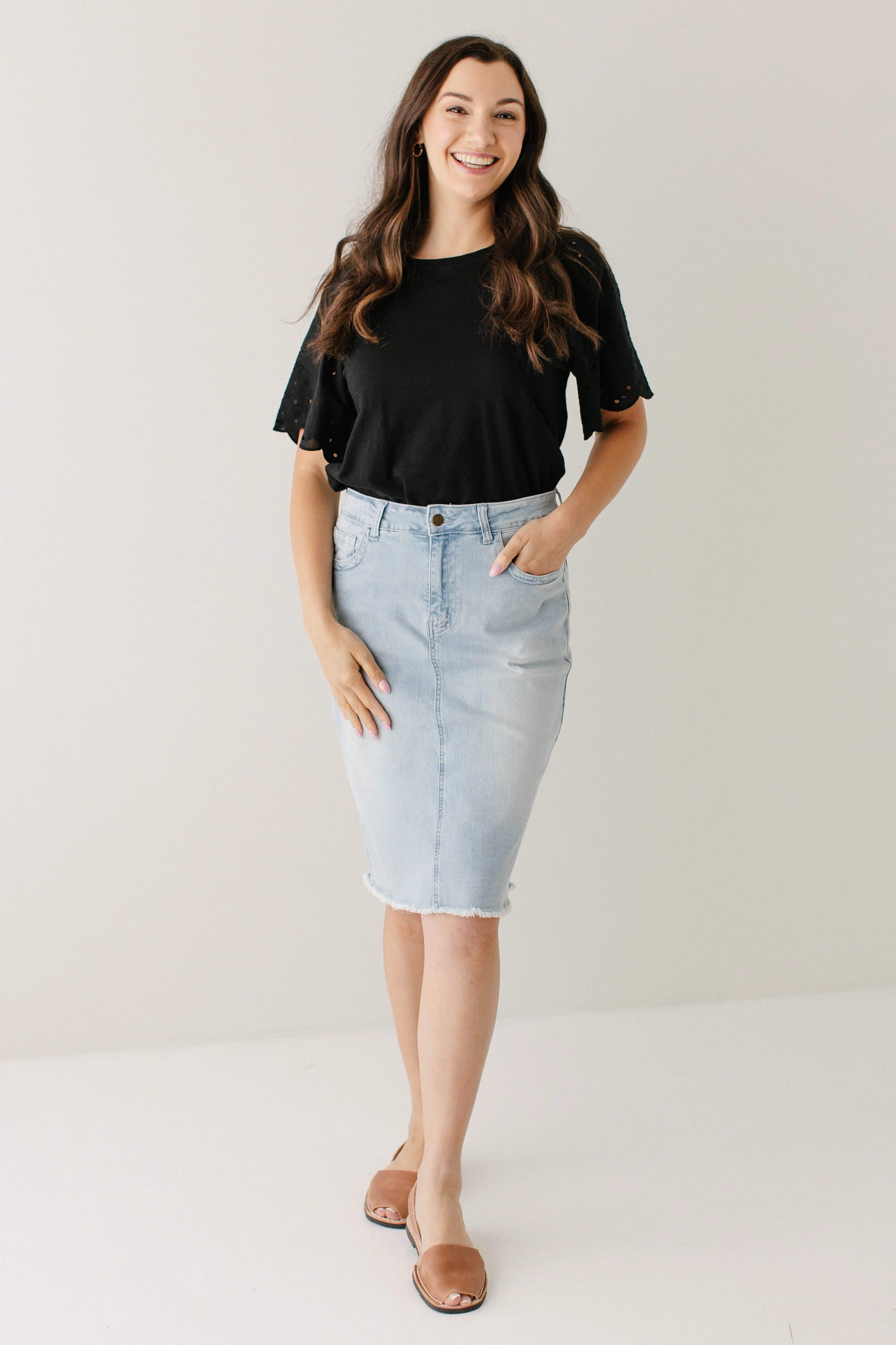 investment piece Minimal Touch 'Lily' Light Denim Knee Length Skirt