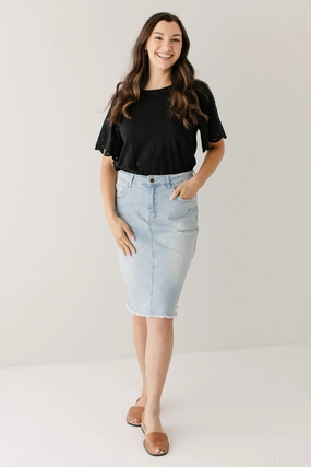 'Lily' Light Denim Knee Length Skirt Crisp Fit