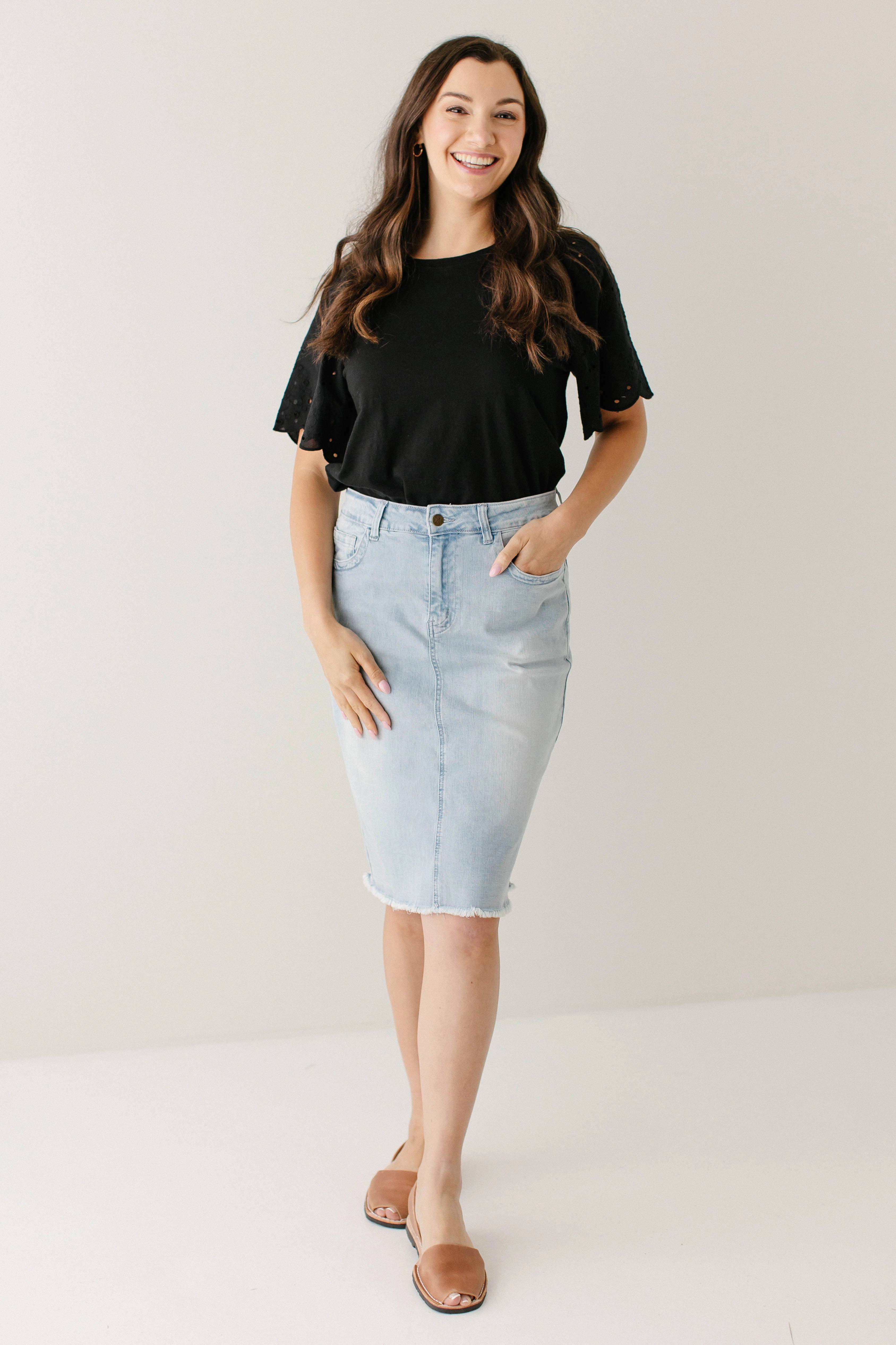 Sustainable 'Lily' Light Denim Knee Length Skirt