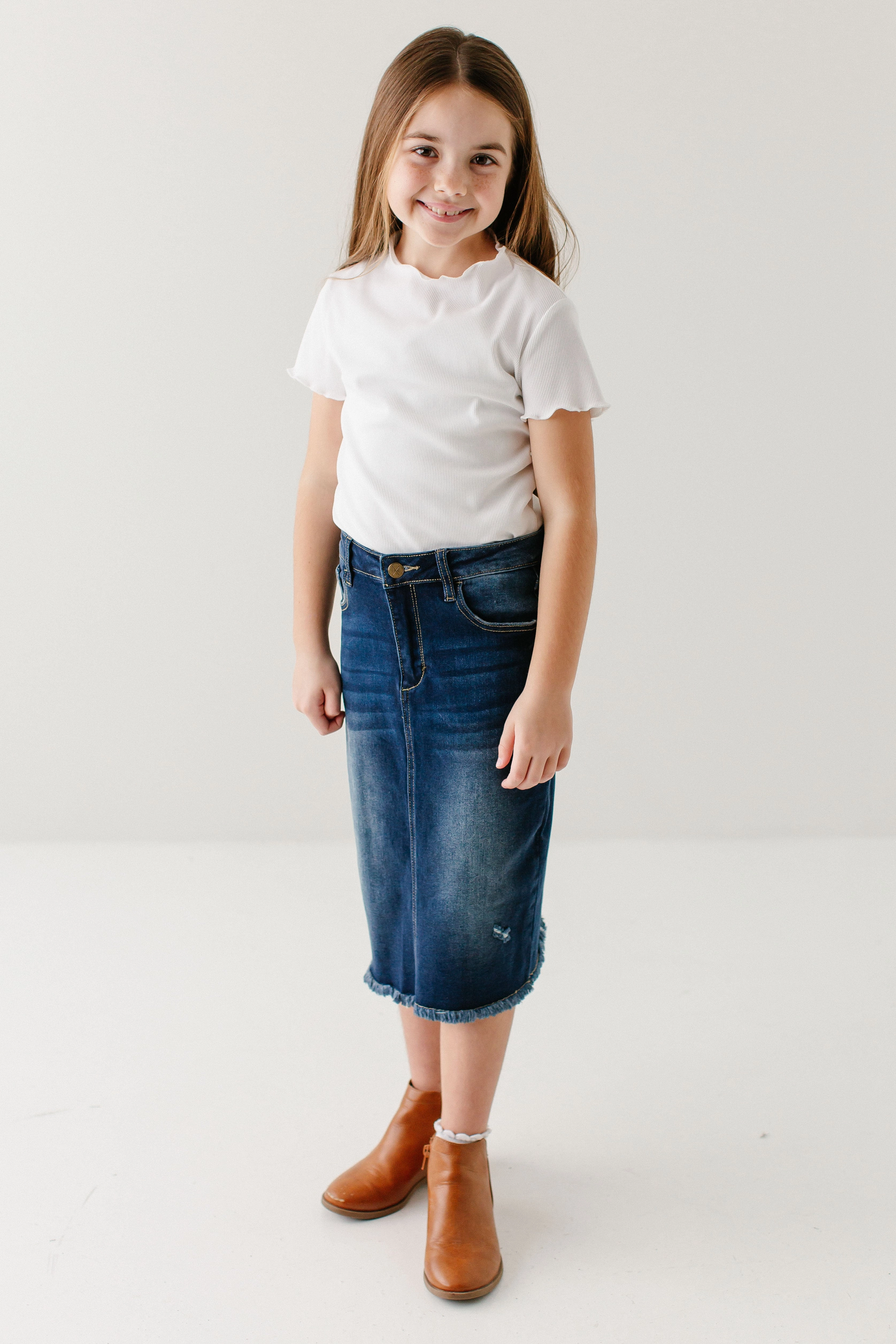 Daily Favorite Two Tone Trim 'Nala' Girl Distressed Denim Skirt