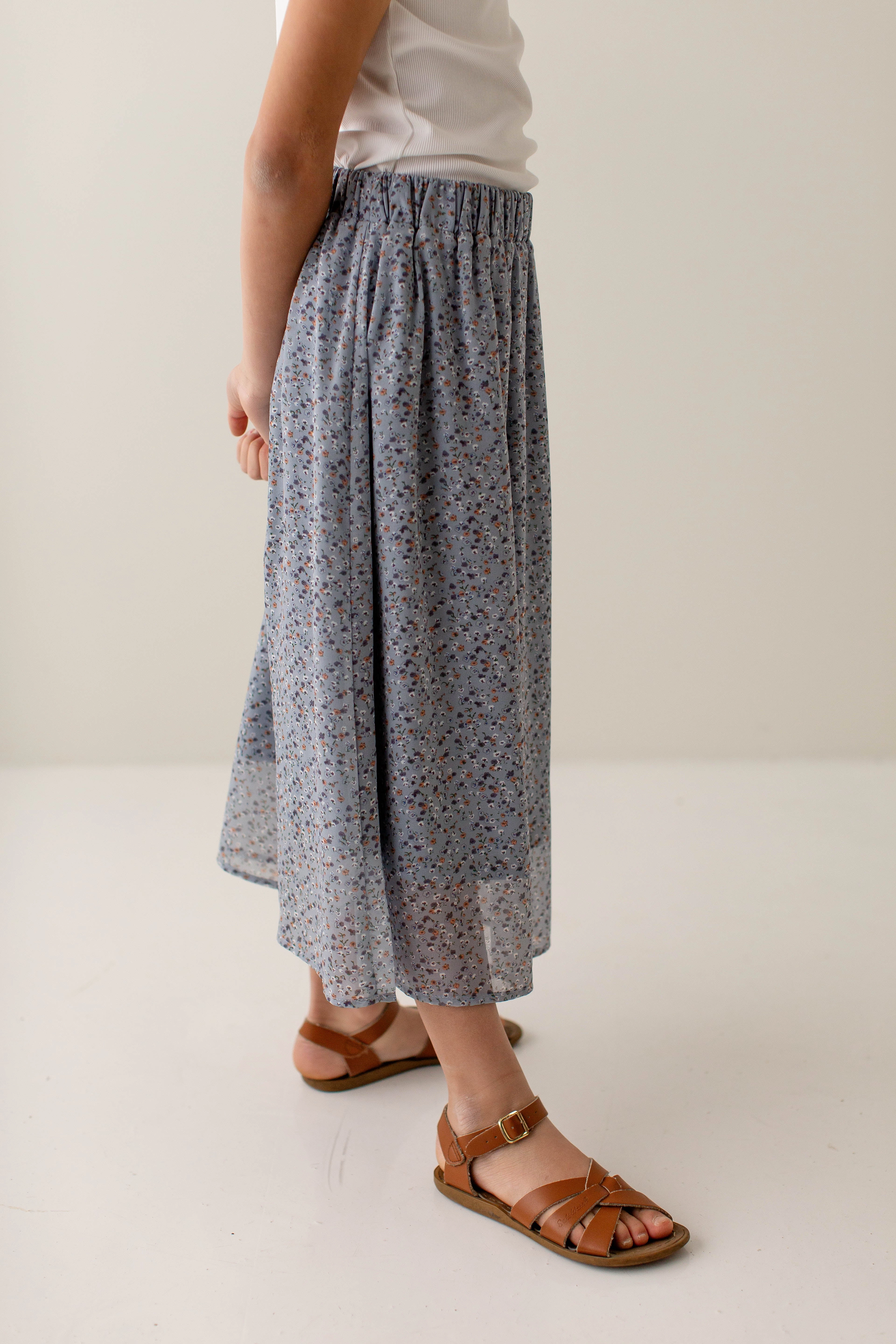 Everyday Comfort Style Staple 'Nina' Girl Ditsy Floral Midi Skirt in Slate Blue FINAL SALE