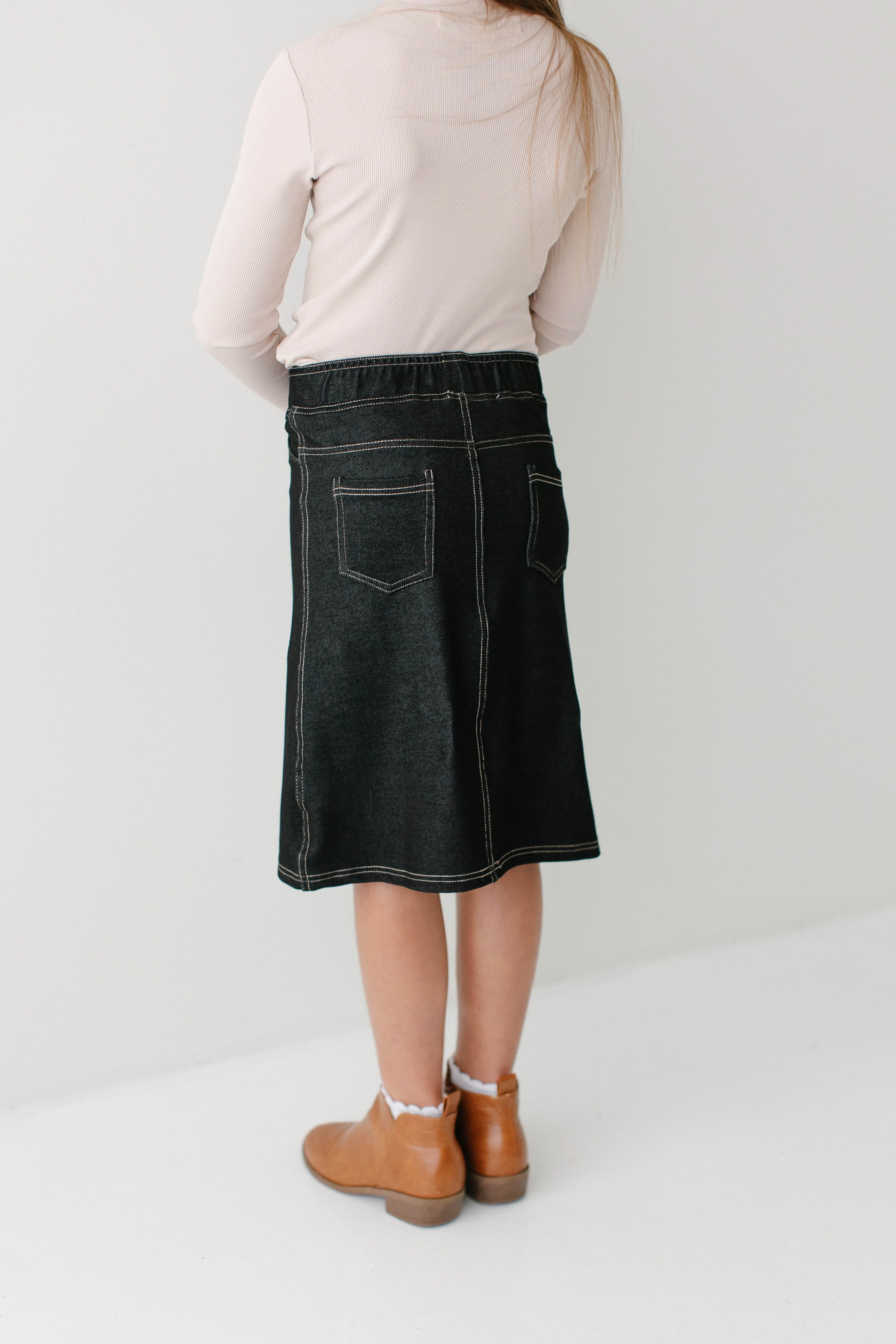 'Piper' Girl Knit Denim Skirt in Black Easy Movement