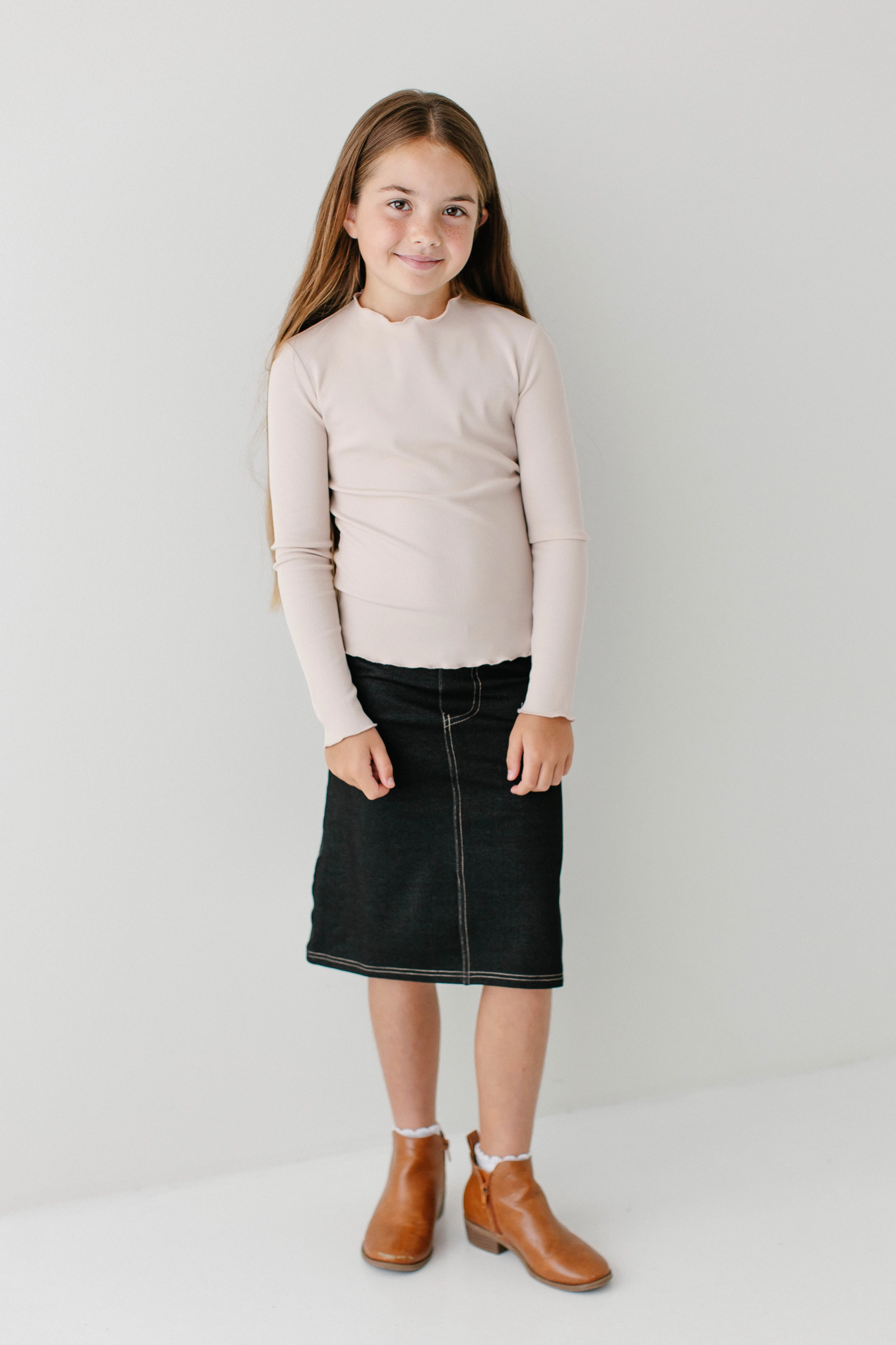 'Piper' Girl Knit Denim Skirt in Black Opaque finish Reinforced Pockets
