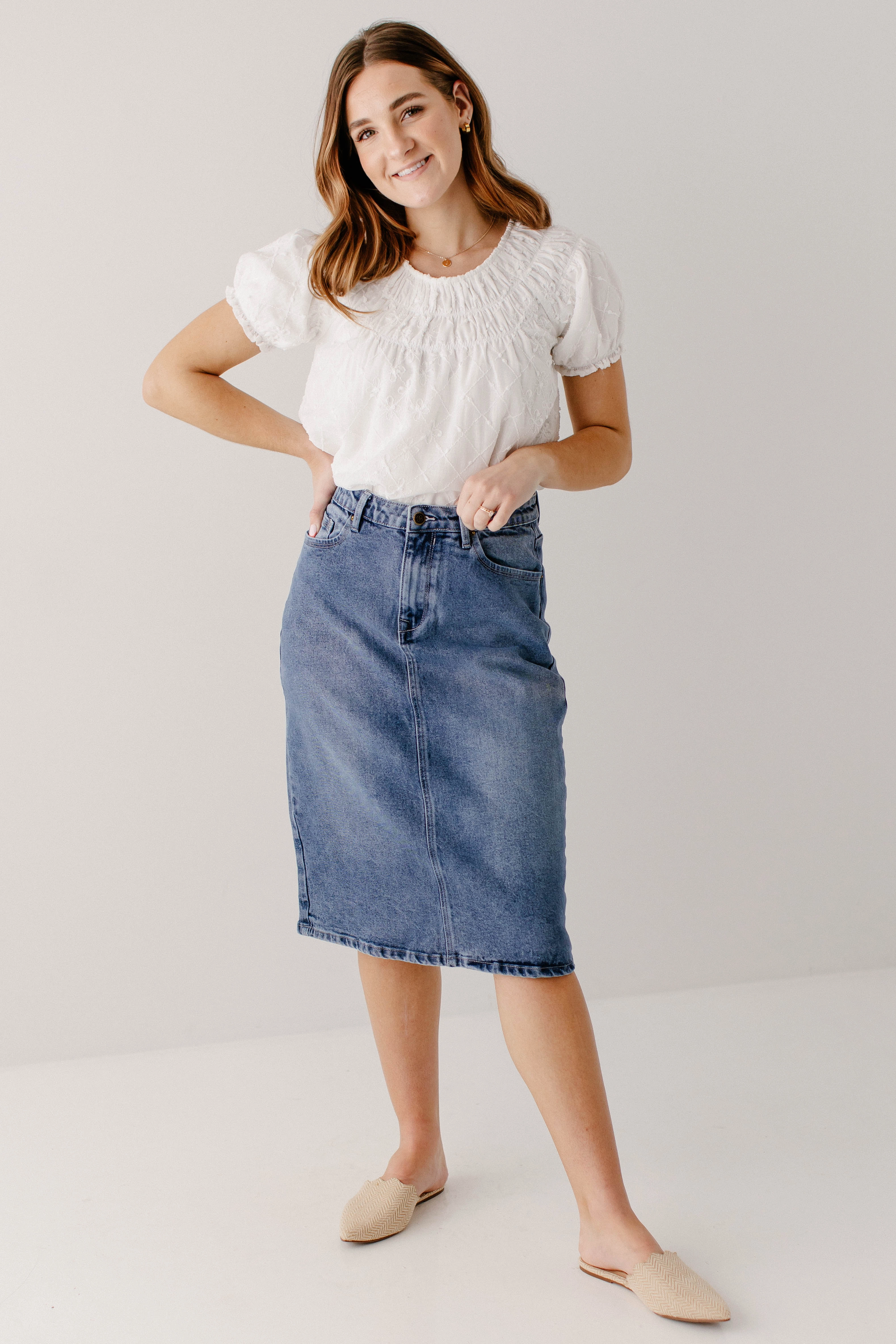 Fashion Collab Active Wear 'Robyn' Classic Denim Skirt in Medium Wash