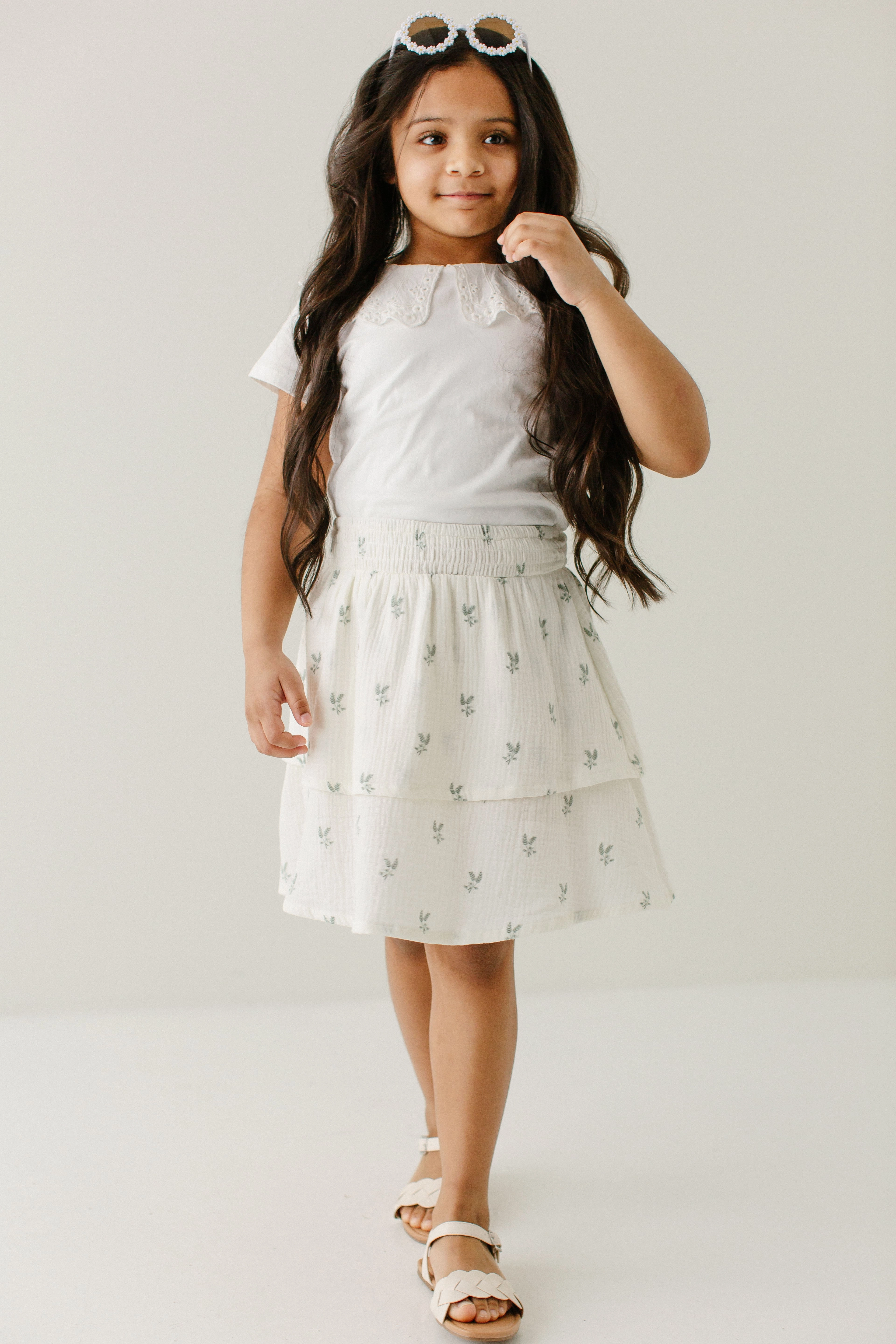 Fade Resistant Cloth 'Sally' Girl Leaf Print Tiered Cotton Skirt in Cream