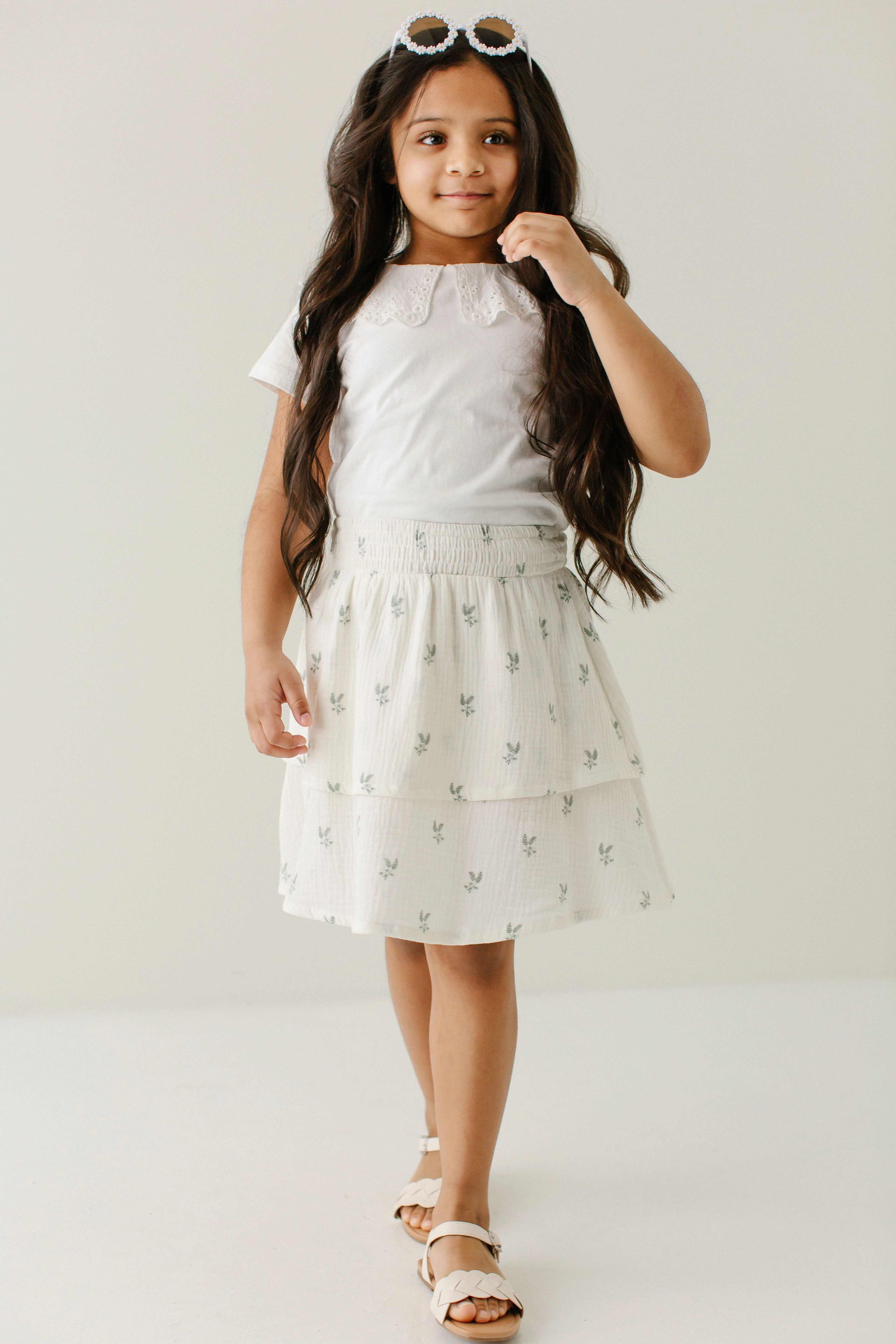'Sally' Girl Leaf Print Tiered Cotton Skirt in Cream Pull On Style