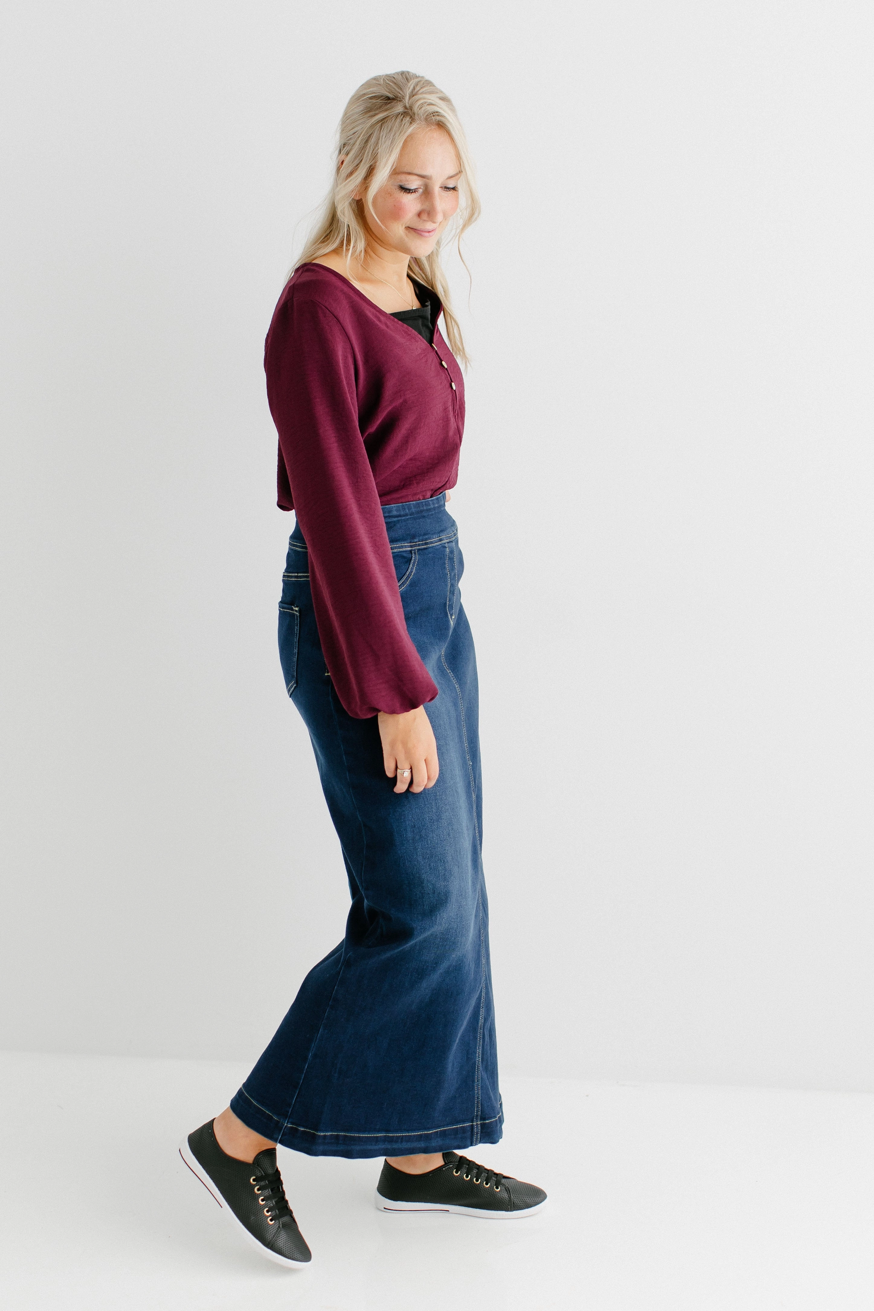 'Sara' Classic Long Denim Skirt Dark Wash FINAL SALE Layered Hem Breezy Edge