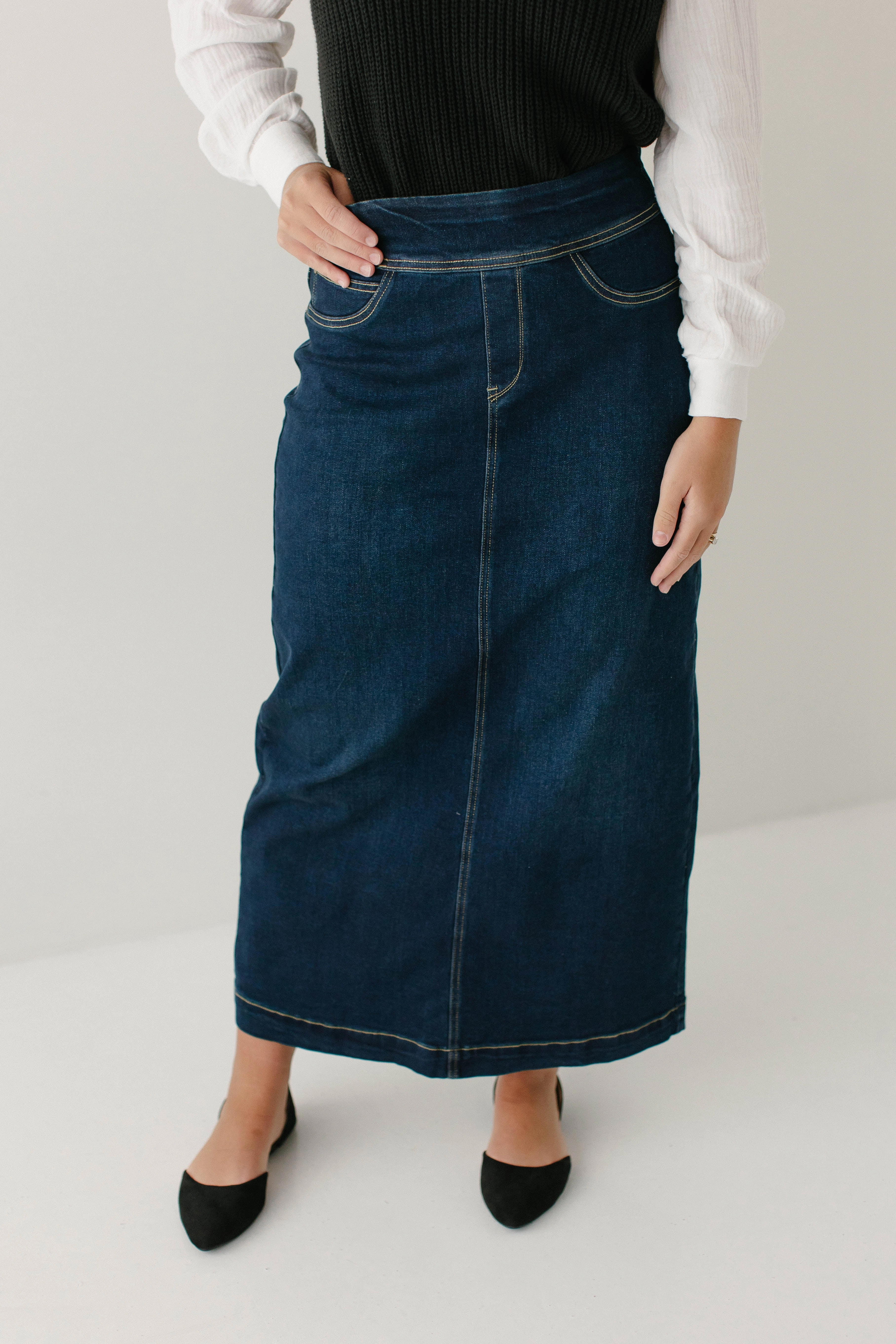 'Sara' Classic Long Denim Skirt Dark Wash Visual Outfit Exclusive Drop