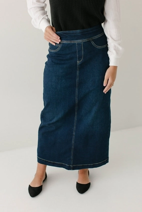 'Sara' Classic Long Denim Skirt Dark Wash Visual Outfit Exclusive Drop