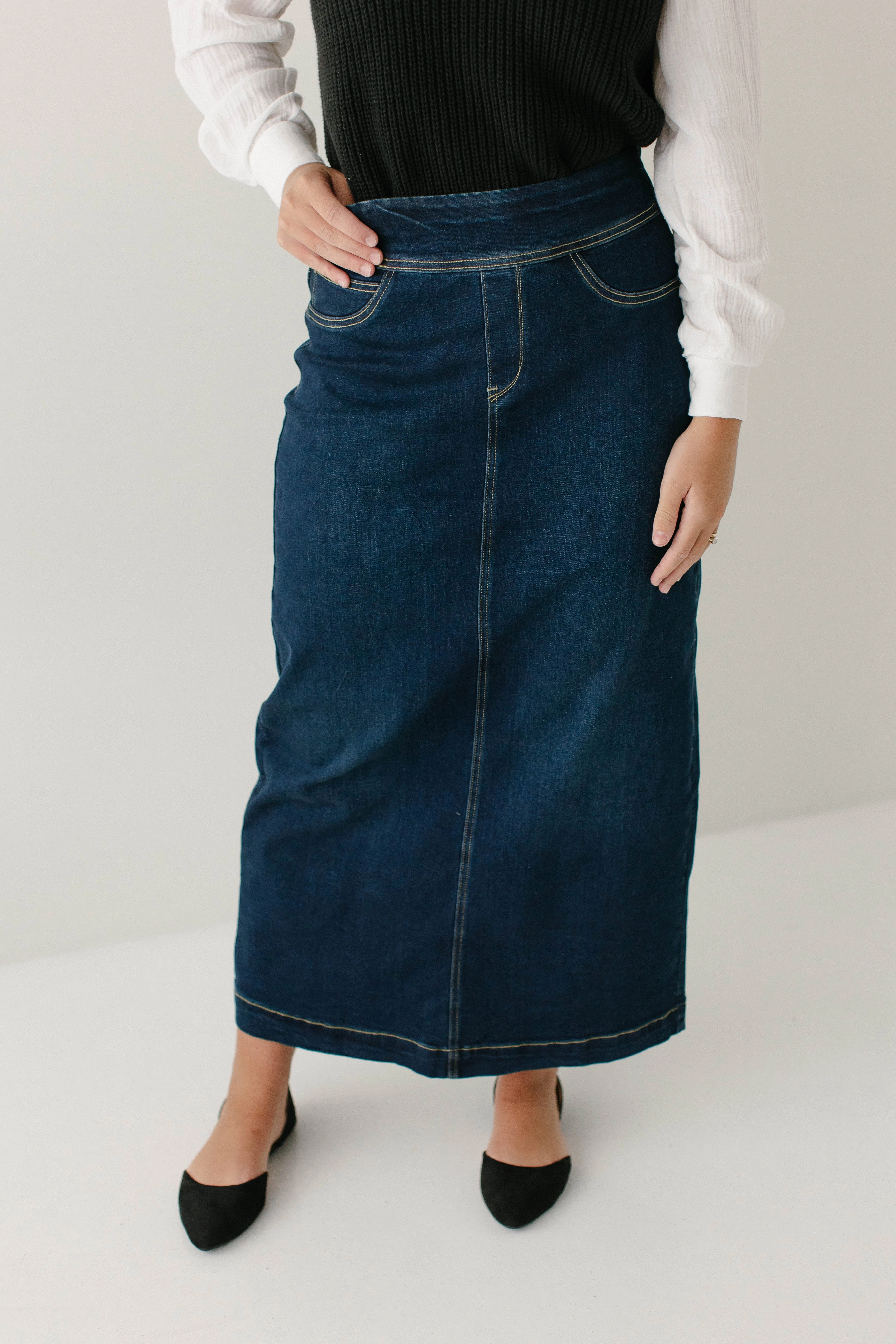 'Sara' Classic Long Denim Skirt Dark Wash Faux Leather Luxury Finish