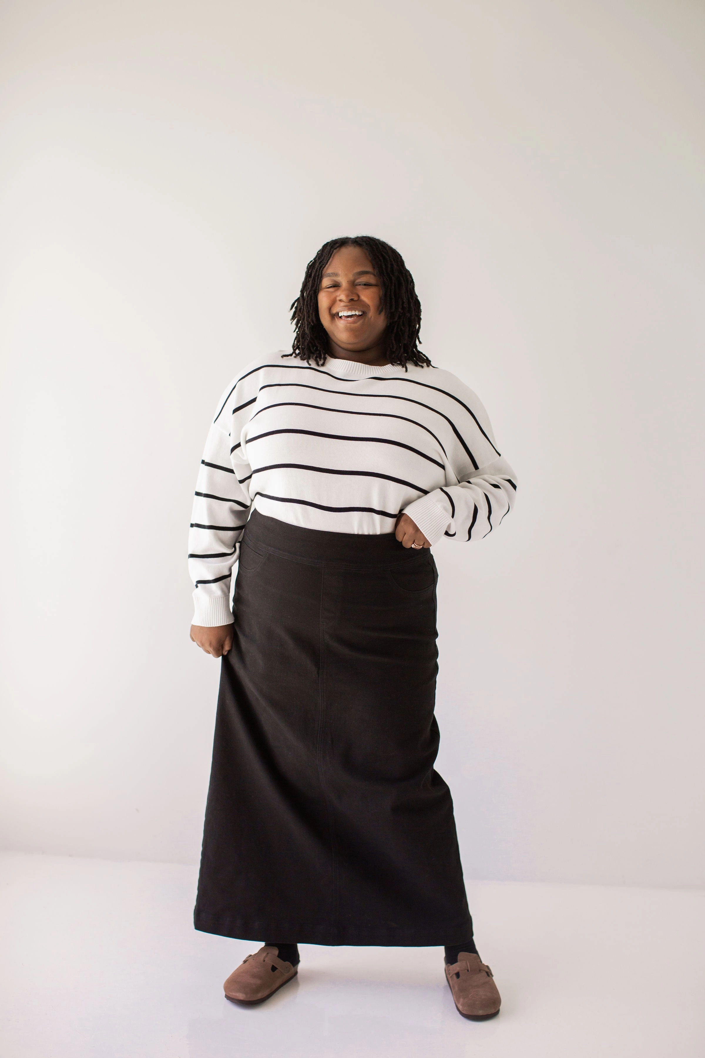 'Sara' Long Stretch Denim Skirt in Black FINAL SALE Style Innovation