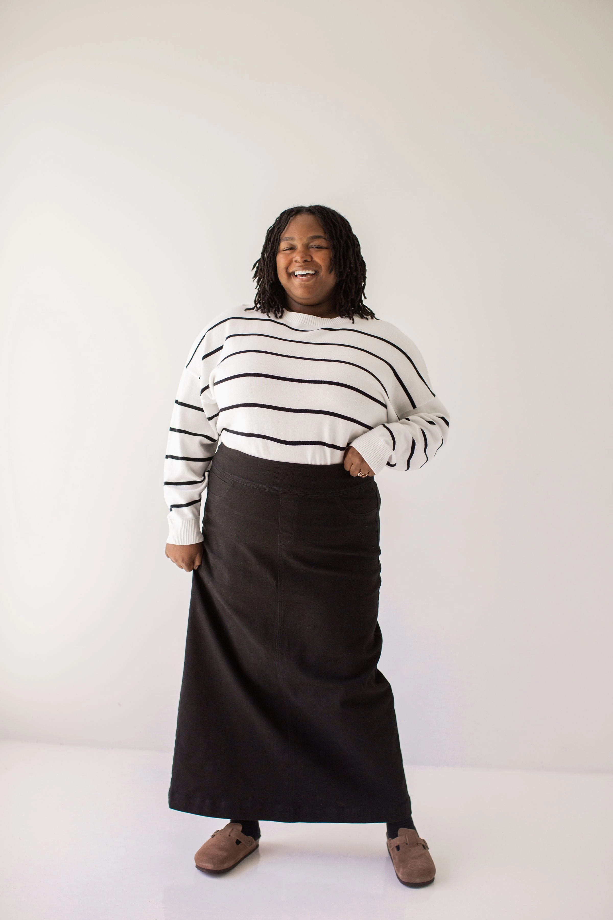 Gathered waist 'Sara' Long Stretch Denim Skirt in Black FINAL SALE