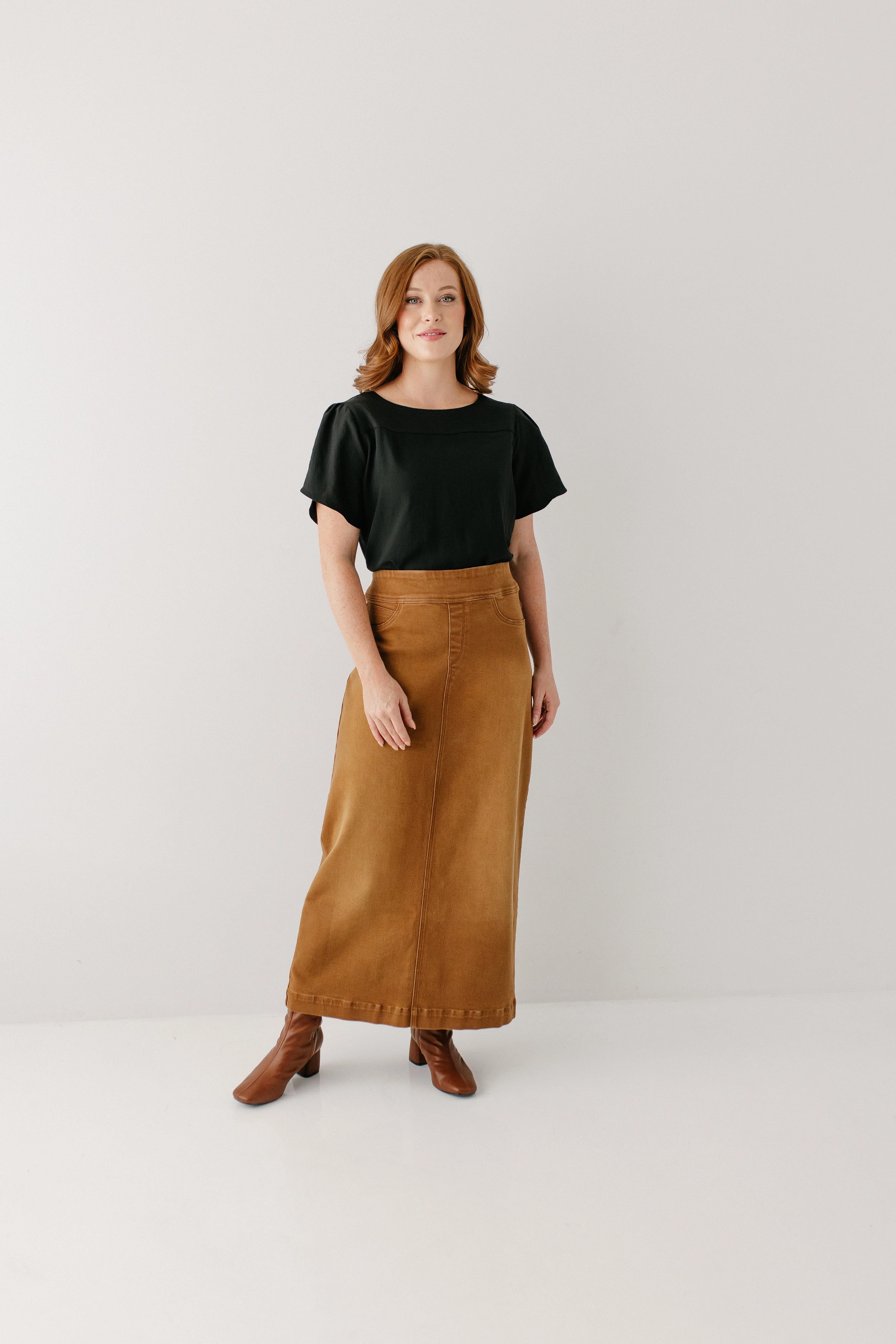 'Sara' Long Stretch Denim Skirt in Camel FINAL SALE Weighted Hem