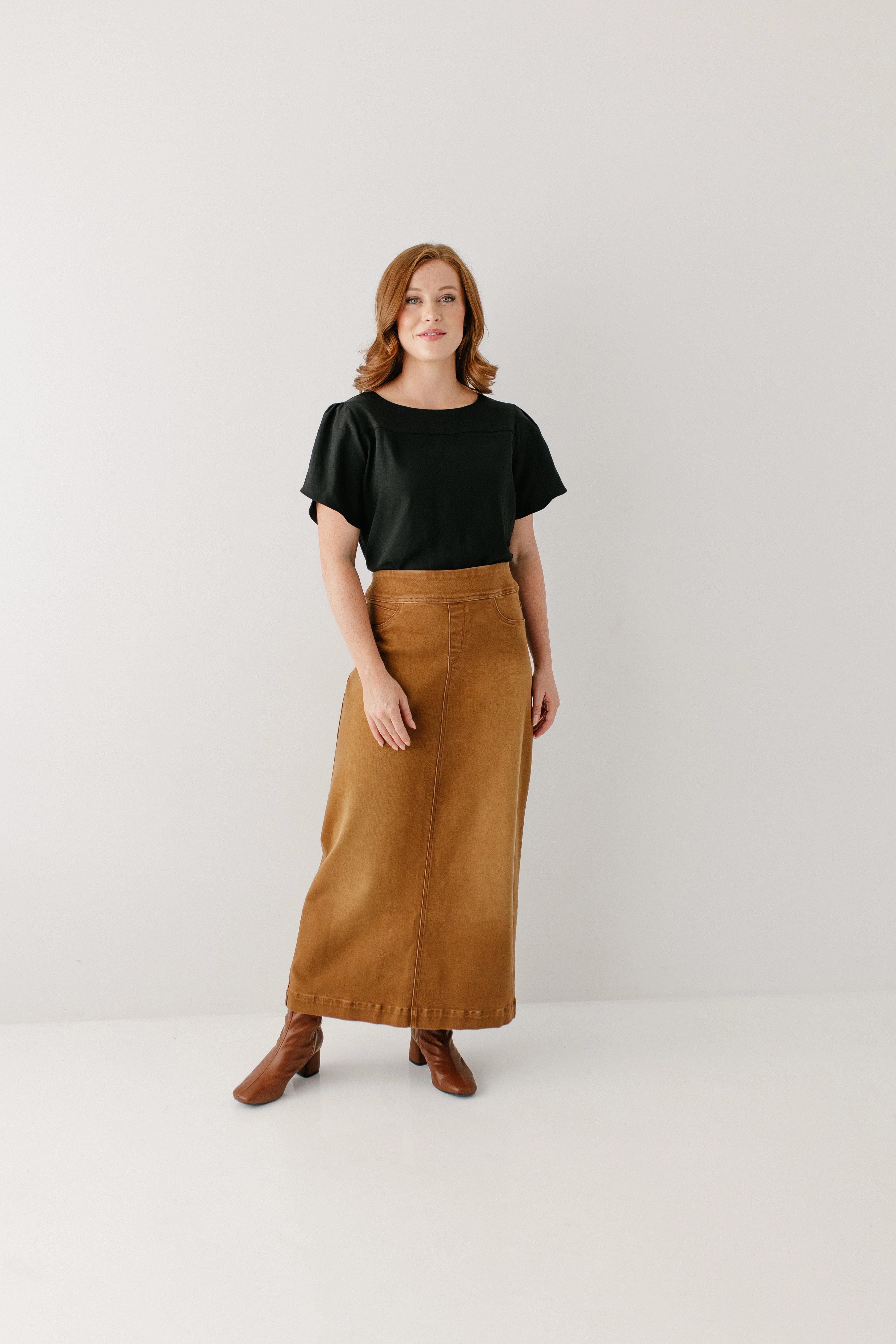 'Sara' Long Stretch Denim Skirt in Camel FINAL SALE Silicone Grip Trim Daily Favorite