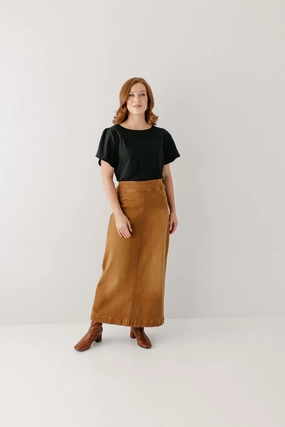 'Sara' Long Stretch Denim Skirt in Camel FINAL SALE Weighted Hem