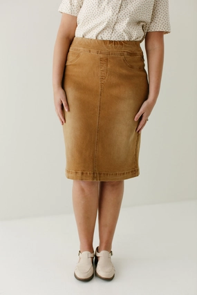 Sequined Finish Urban Style 'Sara' Stretch Denim Knee Length Skirt in Camel FINAL SALE