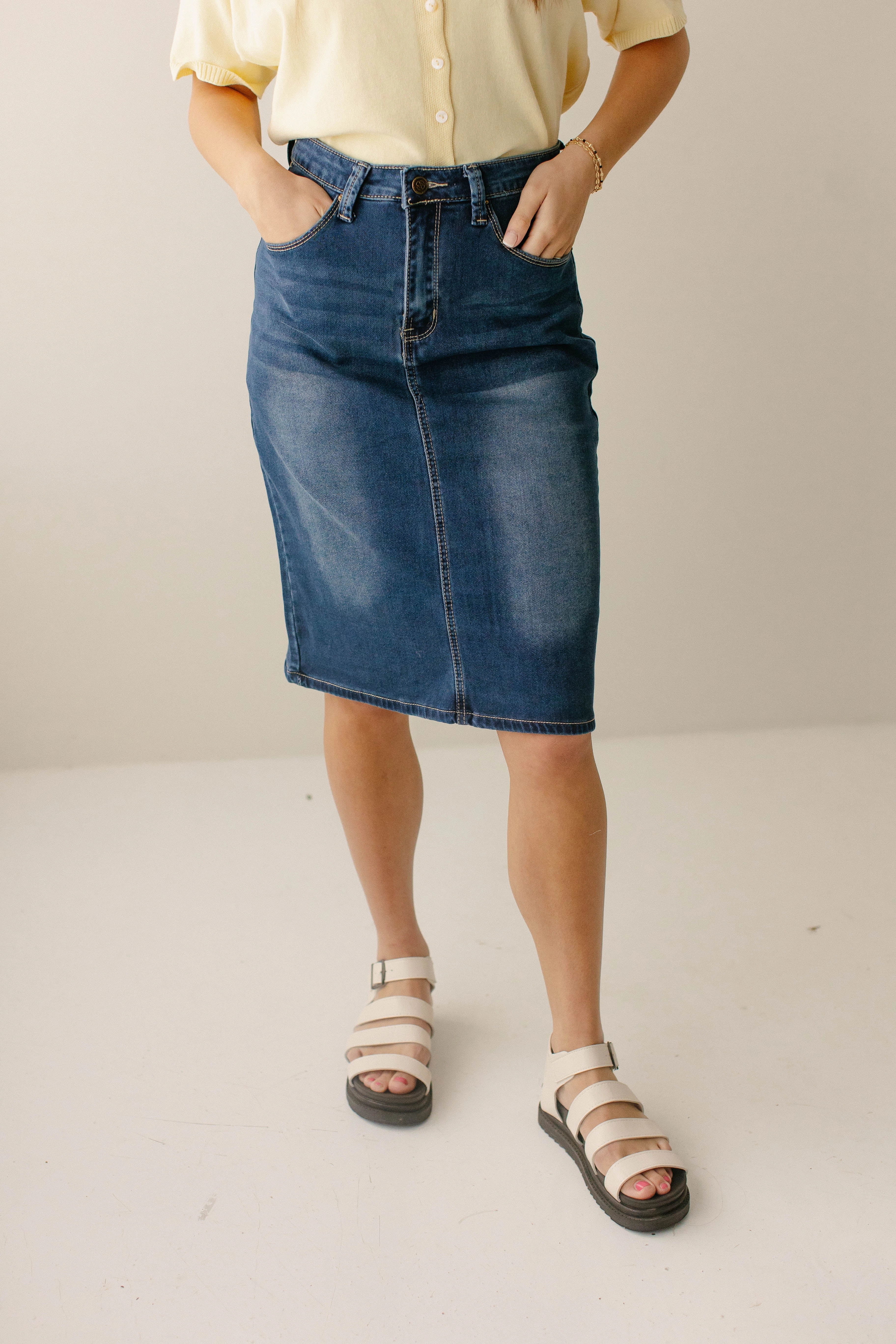 Shape Enhancing 'Scout' Knit Denim Skirt in Dark Wash FINAL SALE