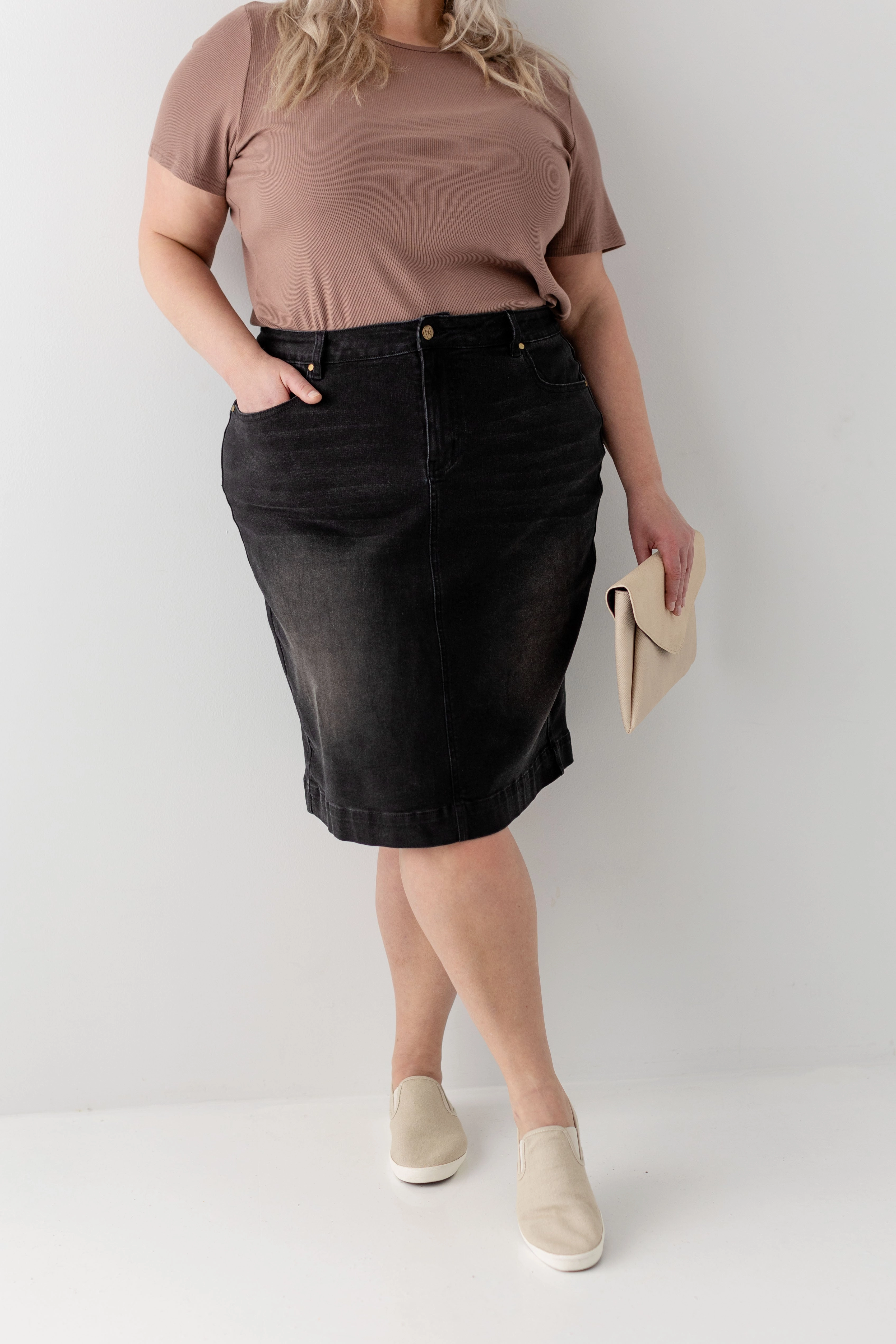 Elastic hem Mood Dressing 'Shannon' Curve Fit Denim Skirt FINAL SALE