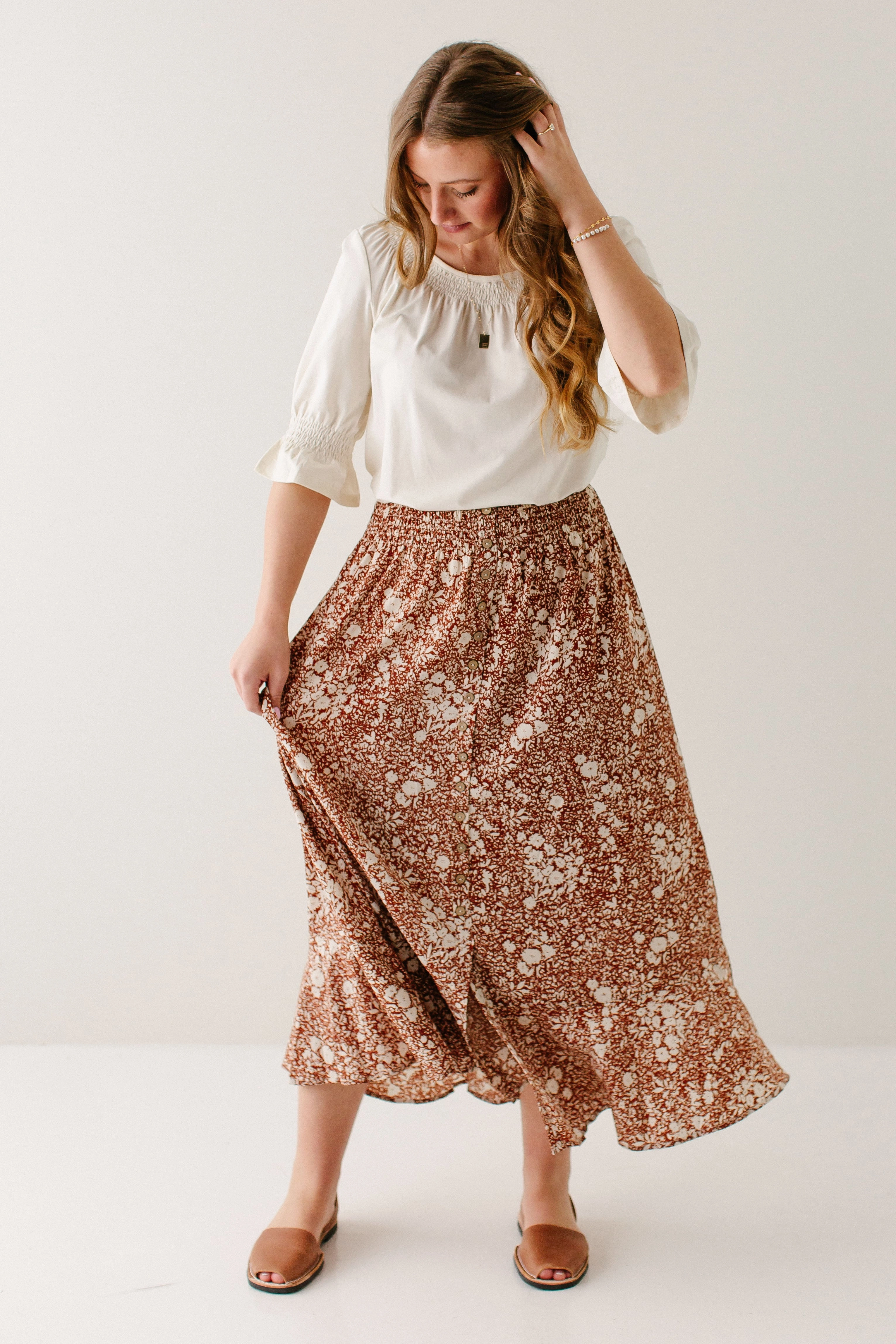 Limited Quantity 'Shauna' Smocked Waist Floral Maxi Skirt in Rust FINAL SALE