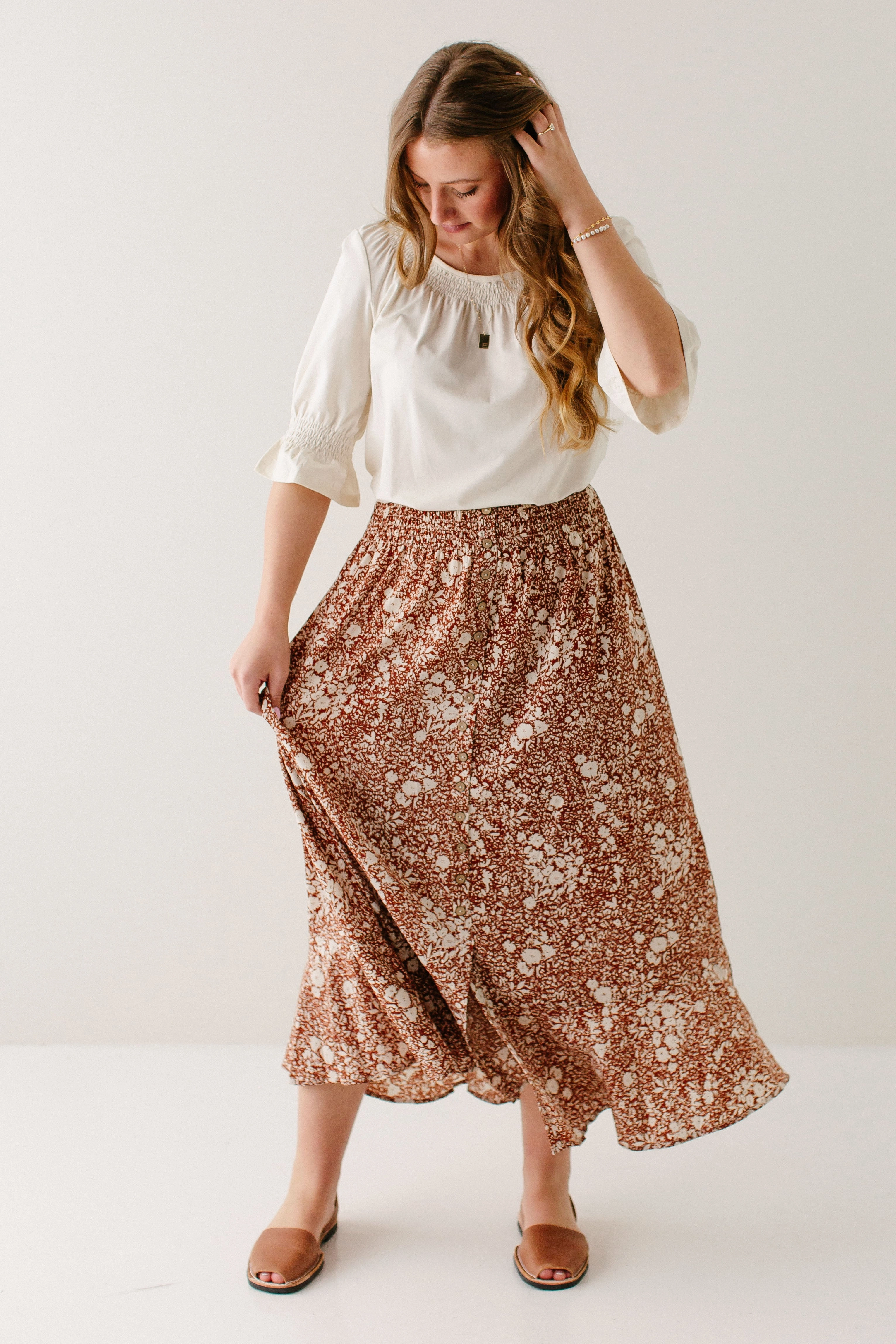 'Shauna' Smocked Waist Floral Maxi Skirt in Rust FINAL SALE Sturdy Waistband Reinforced Hems