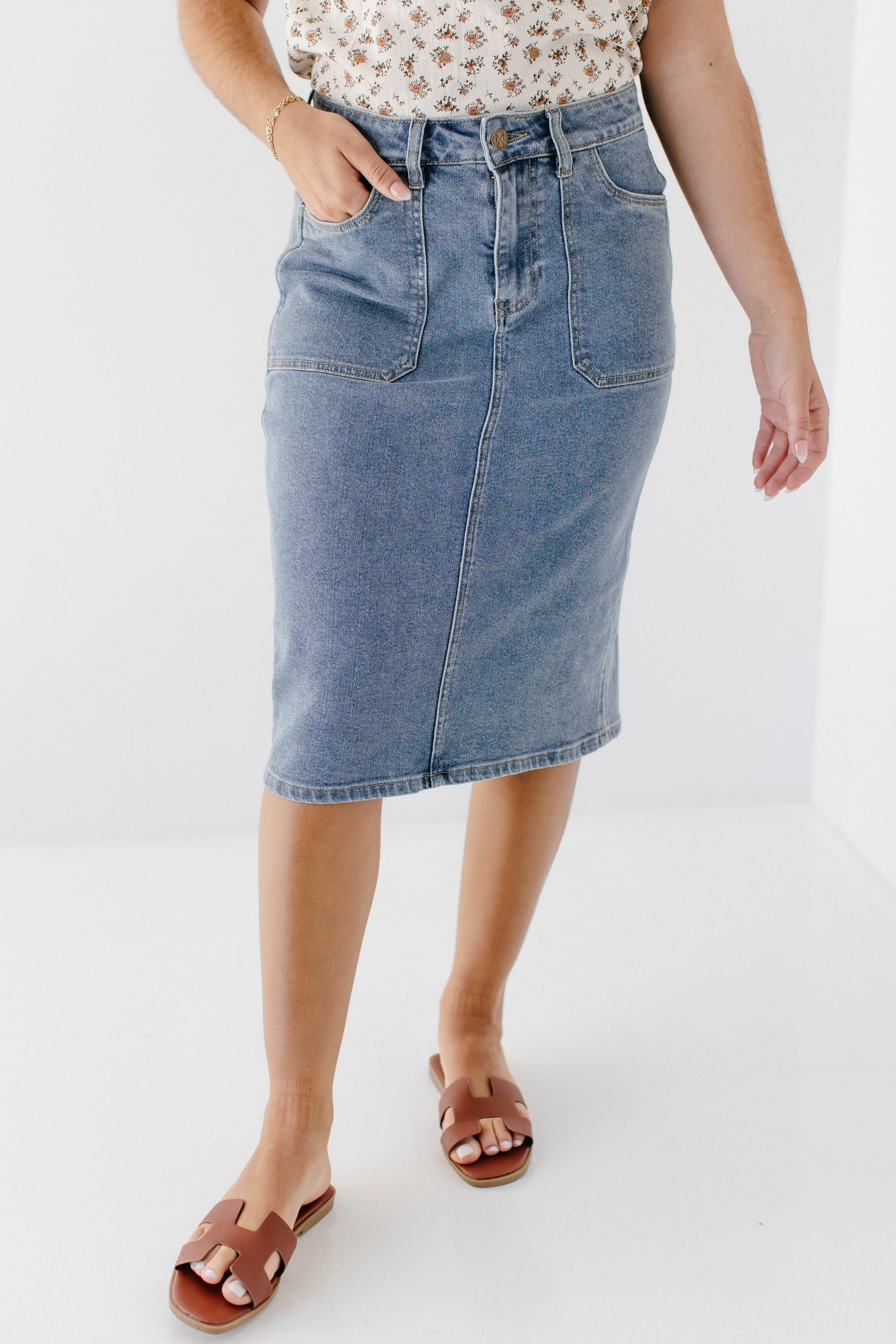 'Sonya' Patch Pocket Stretch Denim Skirt button detail Fashion Fusion