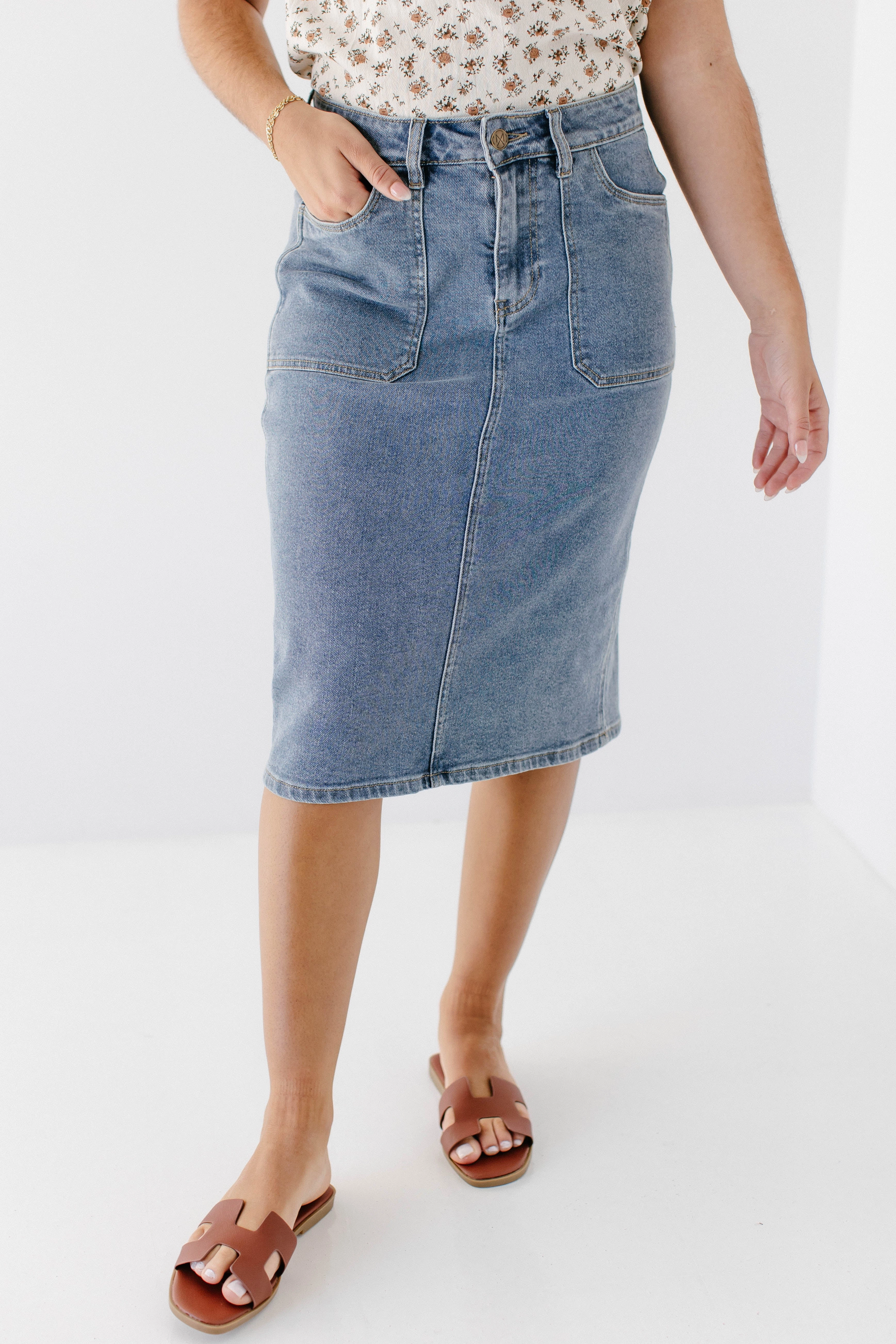 'Sonya' Patch Pocket Stretch Denim Skirt Casual Comfort Tea length